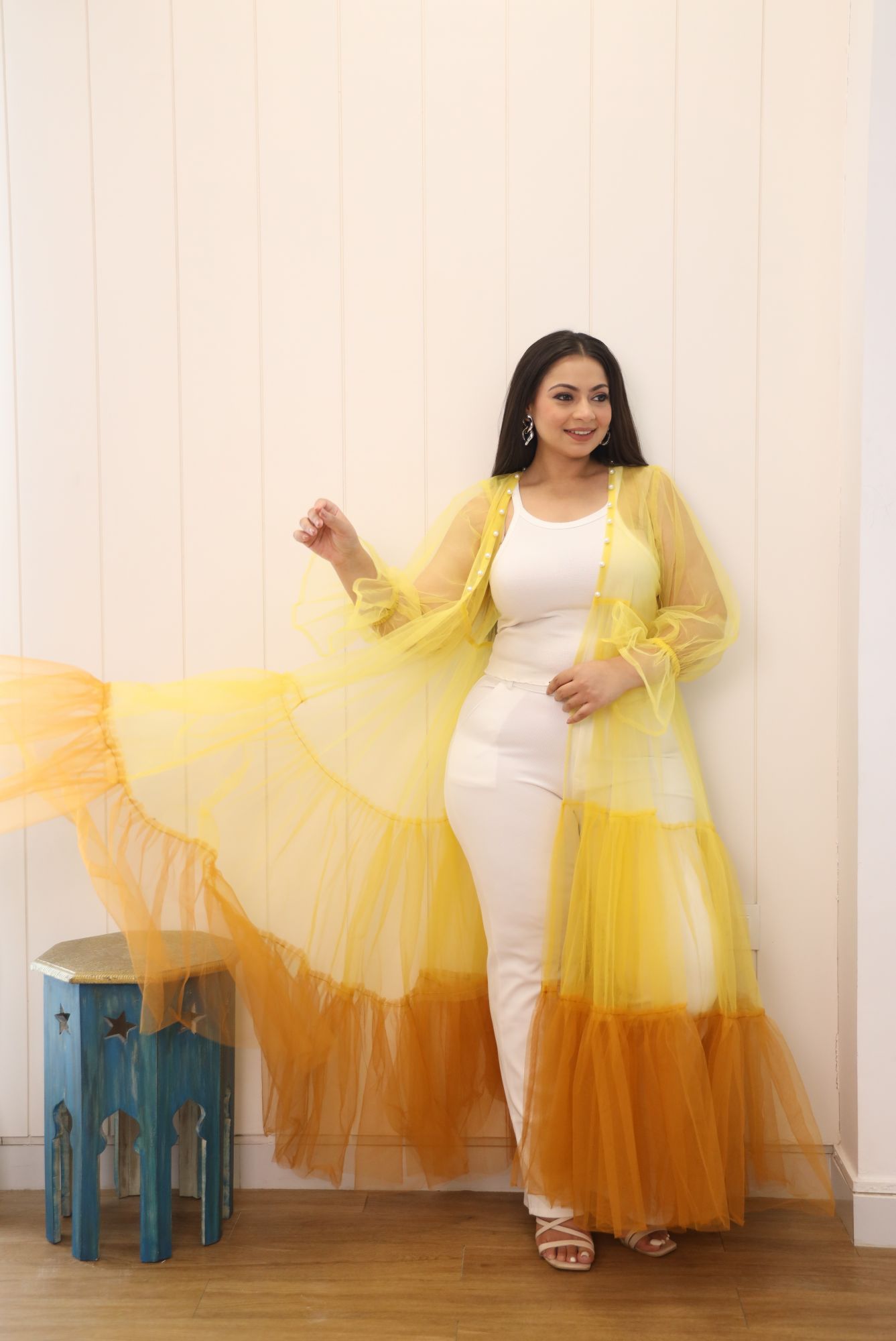 Shades Of Yellow Net Flared Shrug