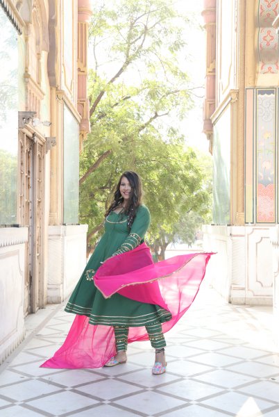 Image of Green Pink Coin Anarkali Suit Set