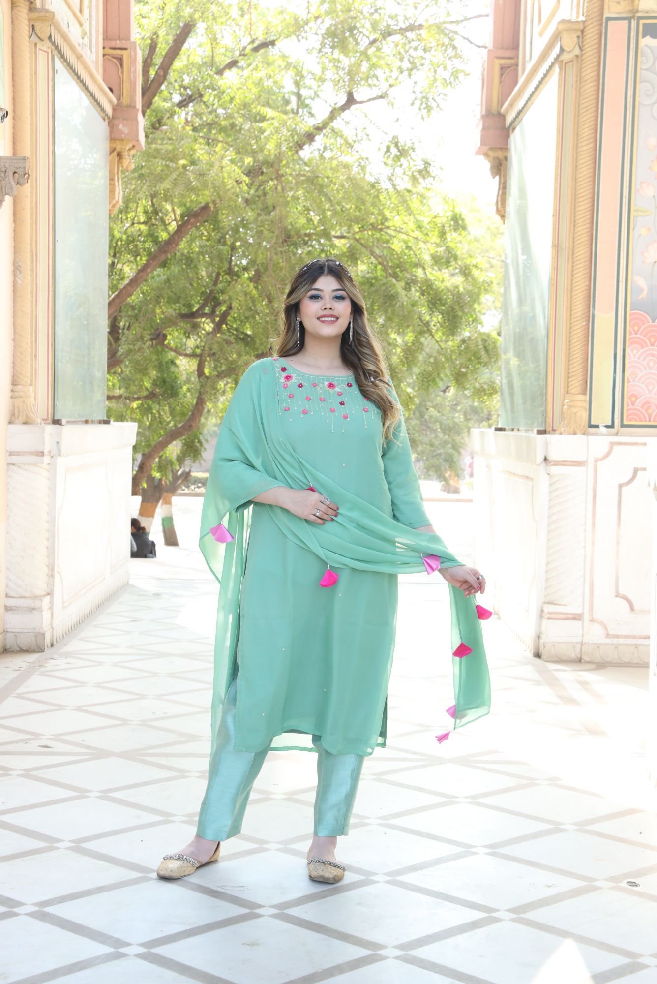 Green and Pink handwork kurta set
