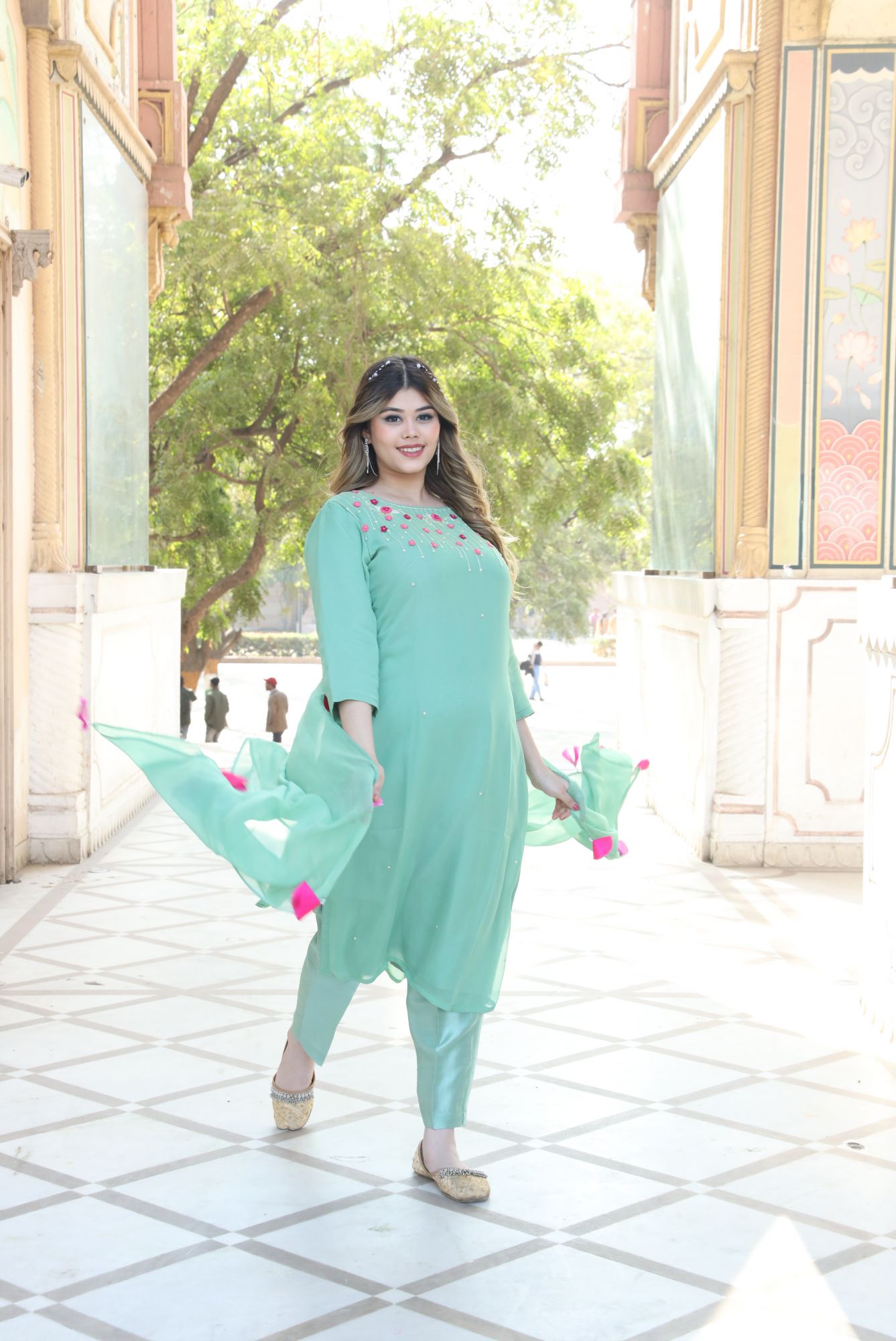 Green and Pink handwork kurta set