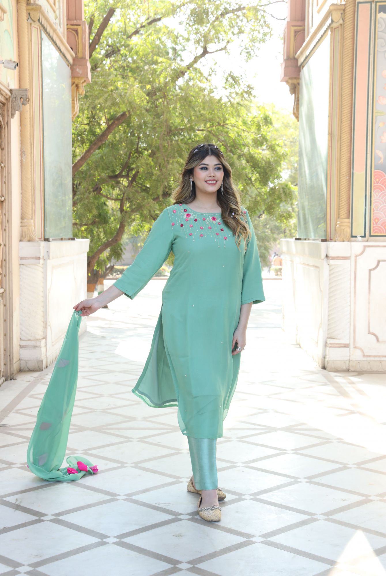 Green and Pink handwork kurta set