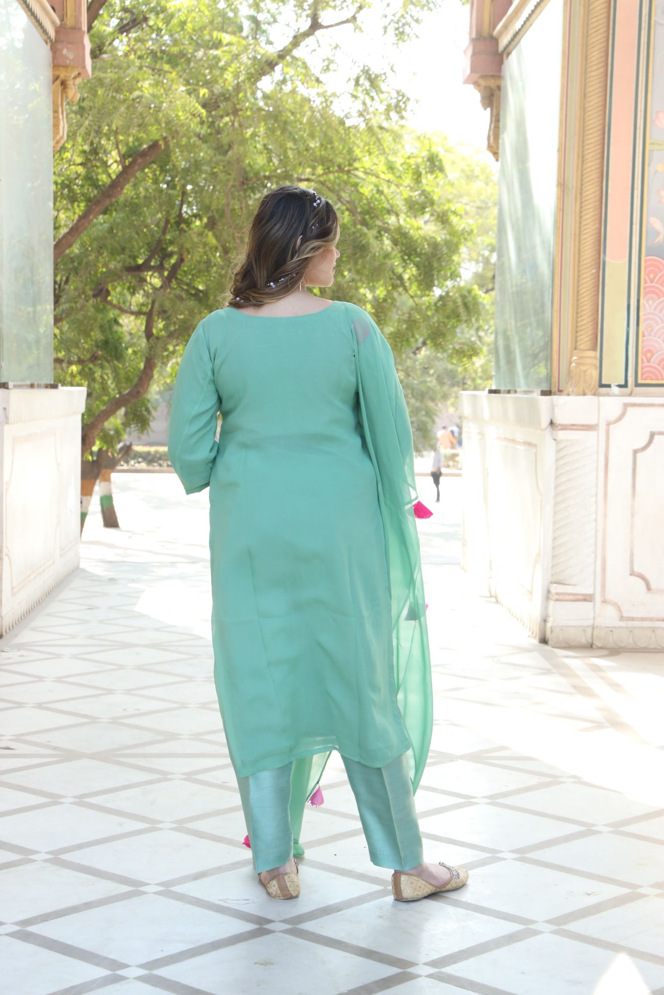 Green and Pink handwork kurta set