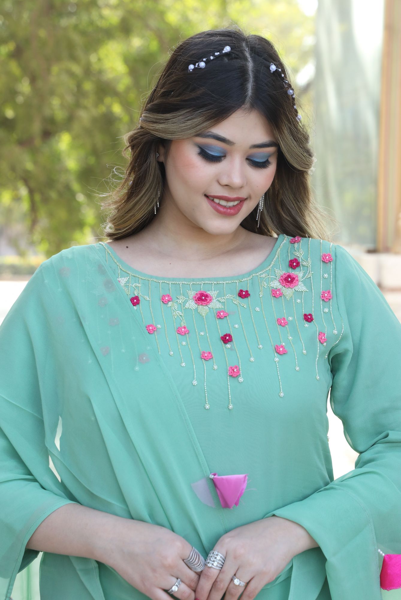 Green and Pink handwork kurta set