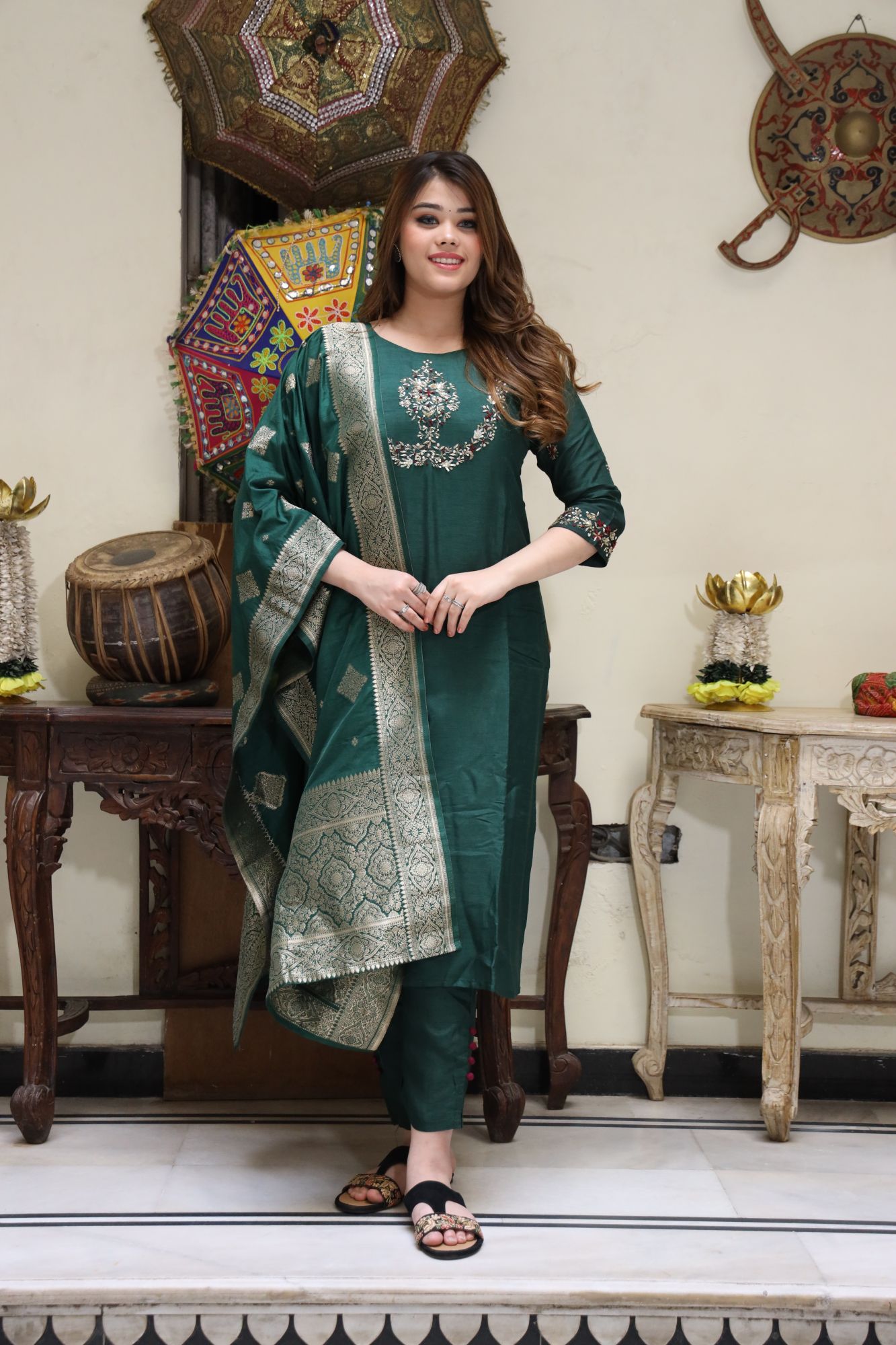 Green handwork kurta set