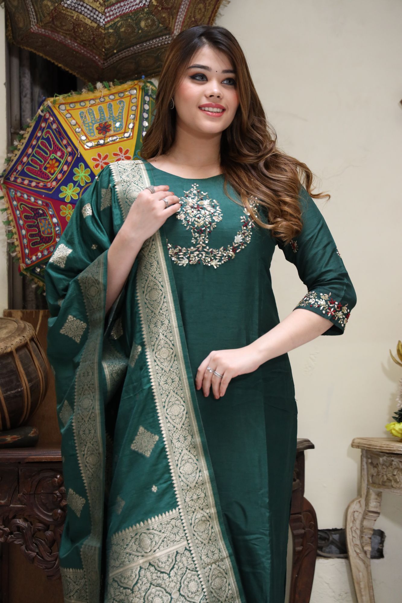 Green handwork kurta set