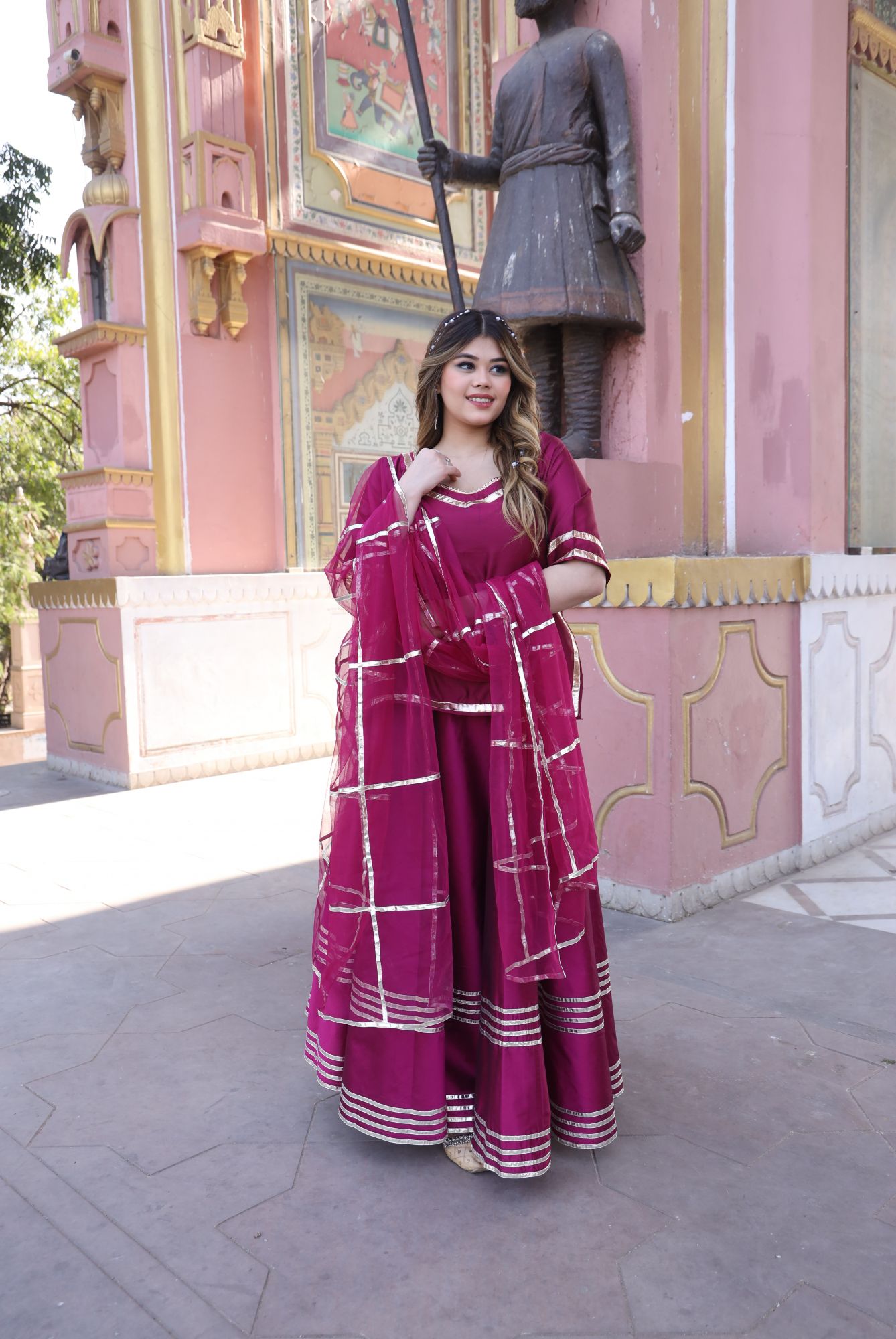 Wine Gota Work Lehenga Set
