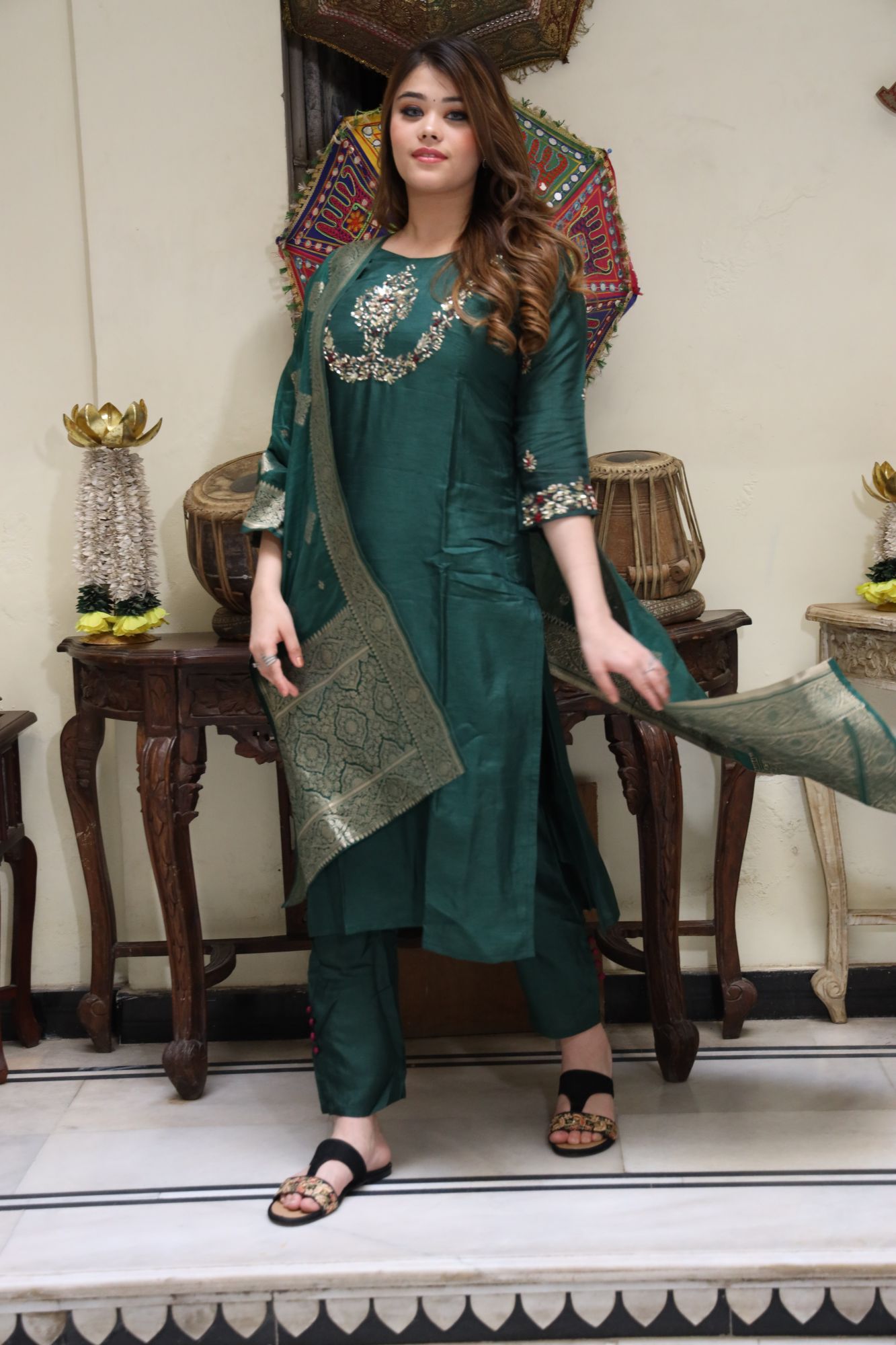 Green handwork kurta set