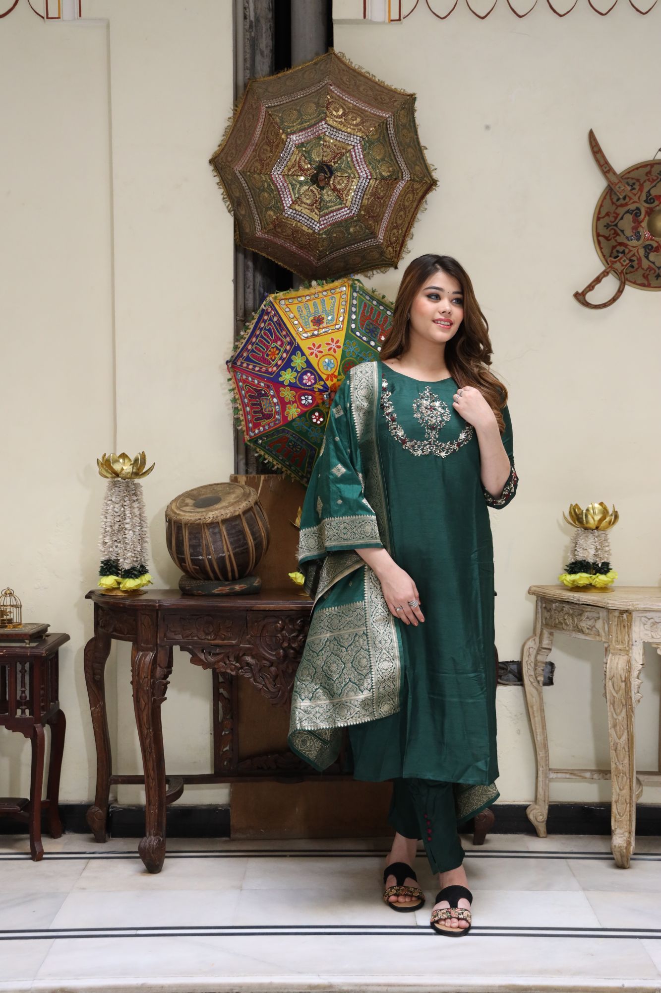 Green handwork kurta set