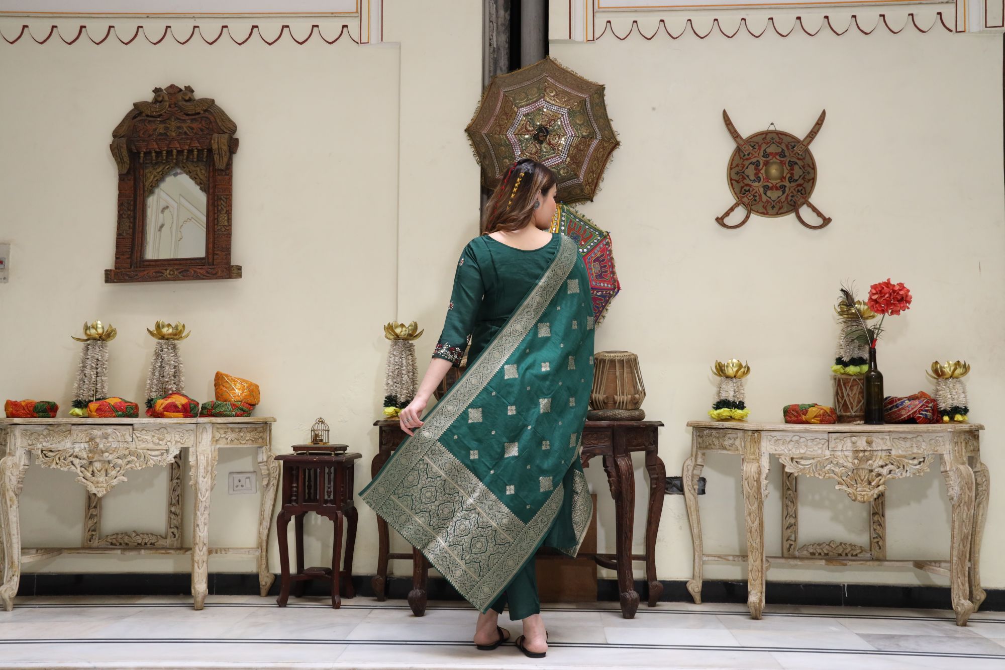Green handwork kurta set