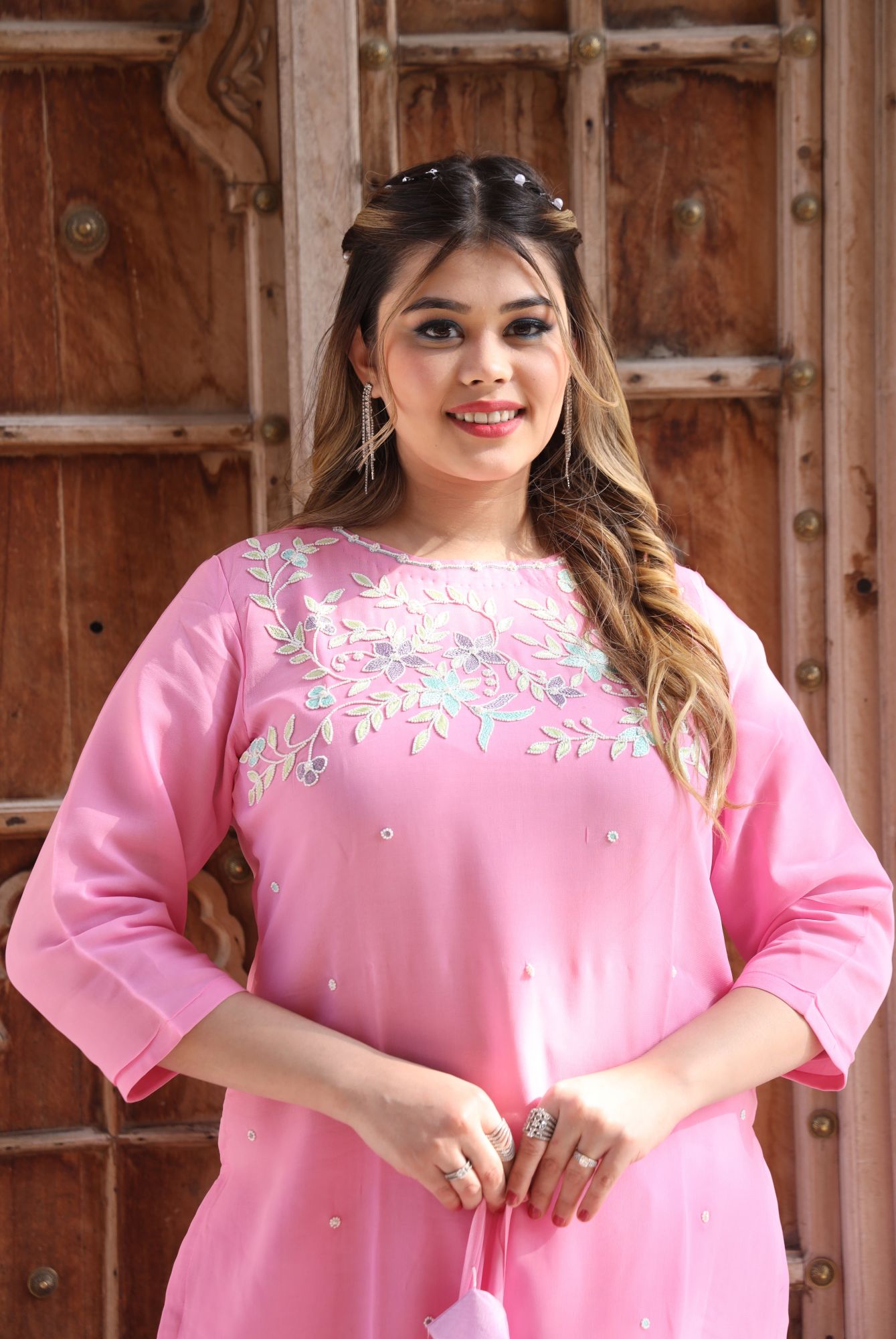 Pink Floral Georgette handwork kurta set