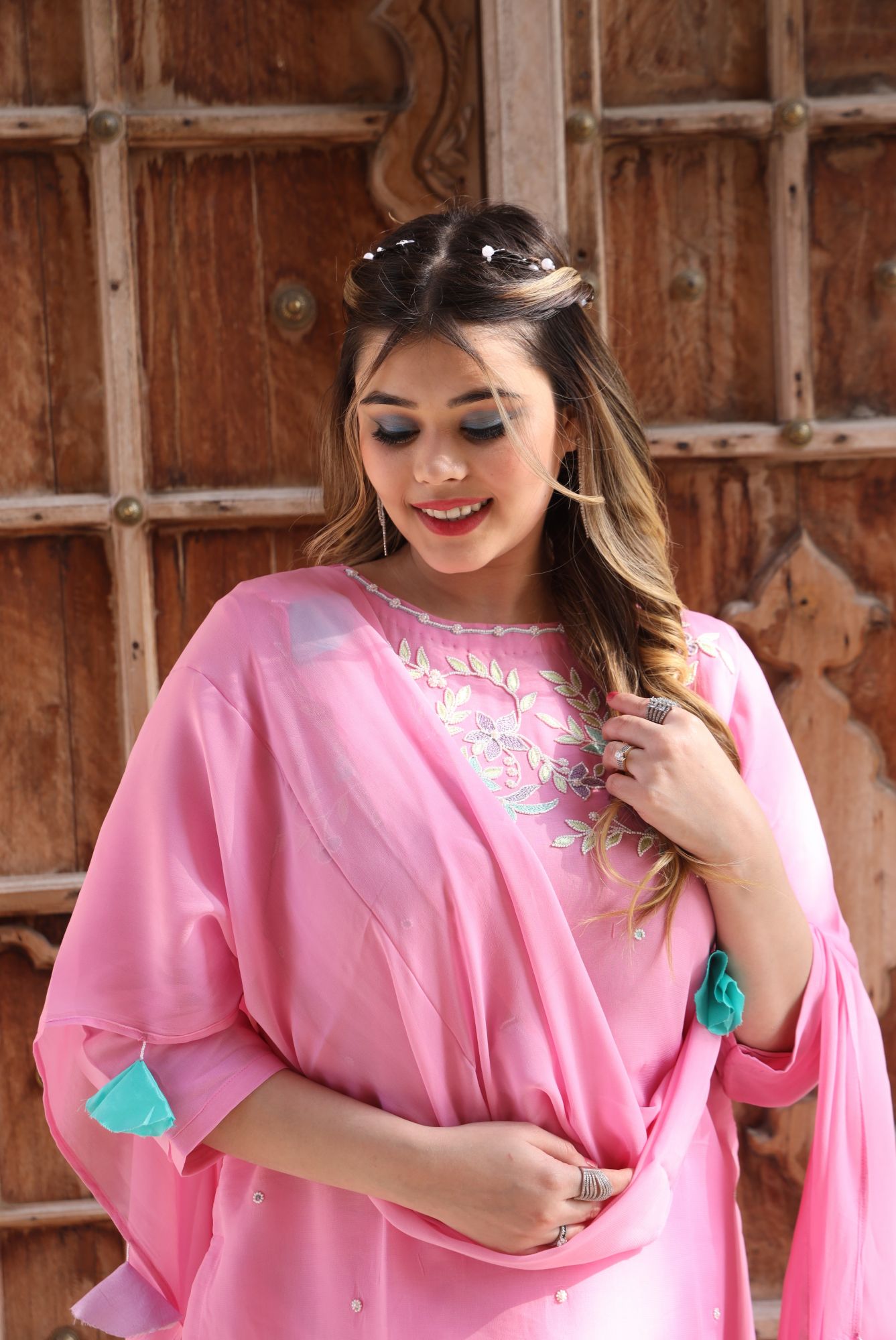 Pink Floral Georgette handwork kurta set