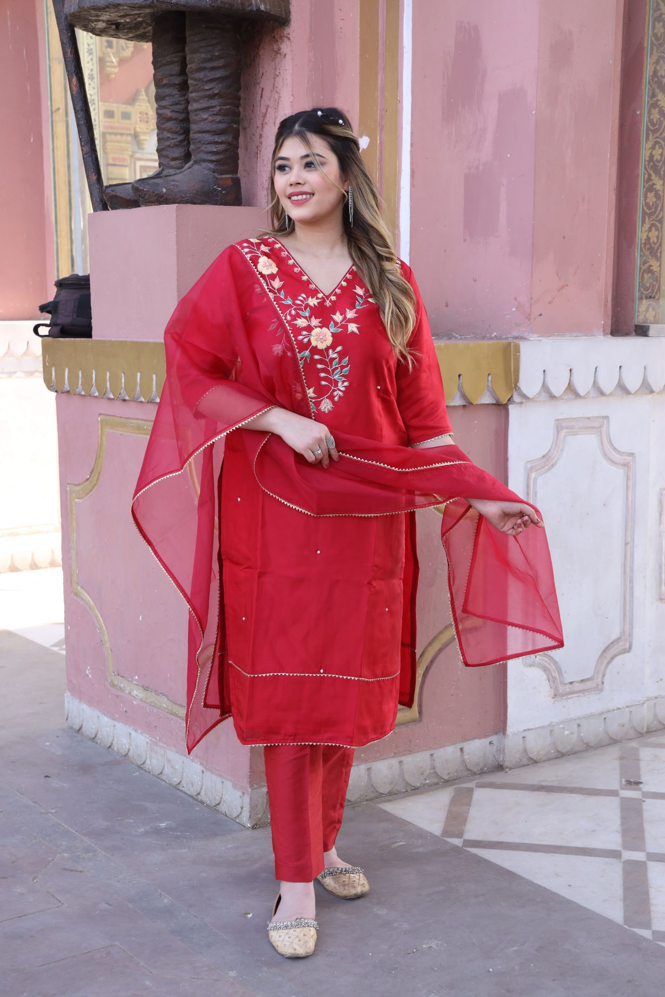 Red Floral handwork kurta set