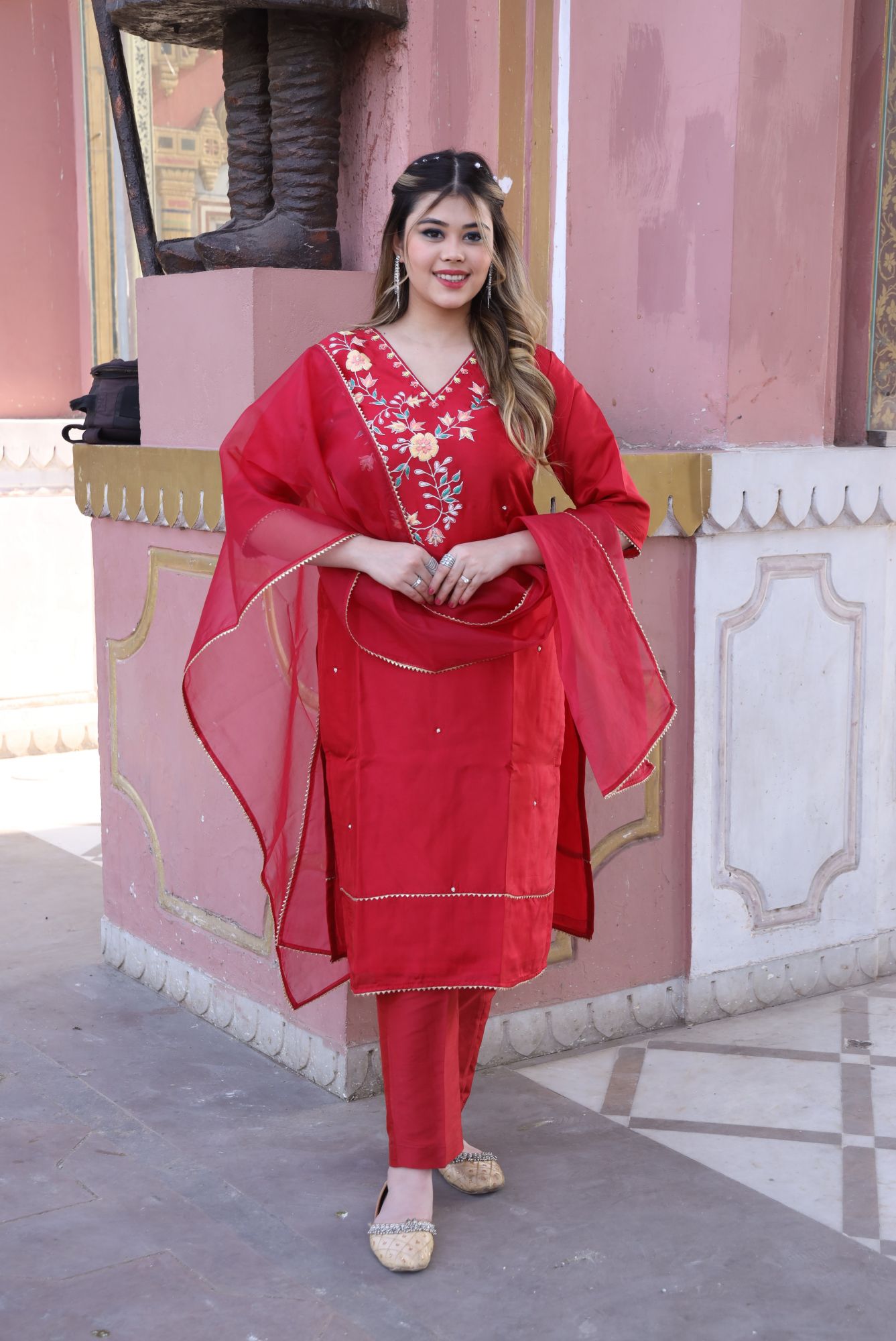 Red Floral handwork kurta set