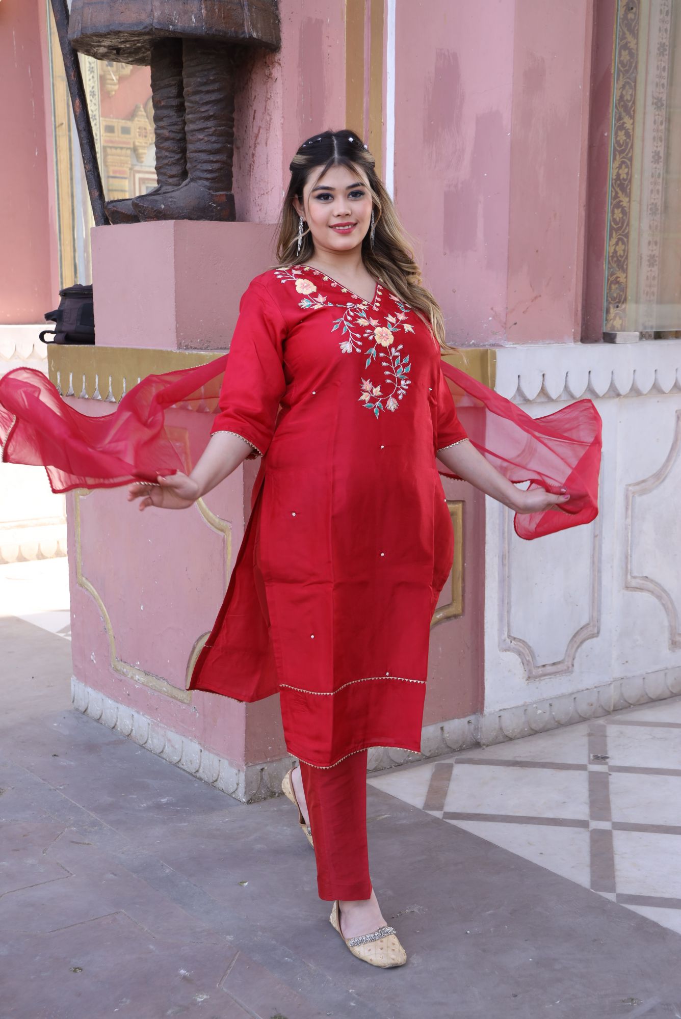 Red Floral handwork kurta set