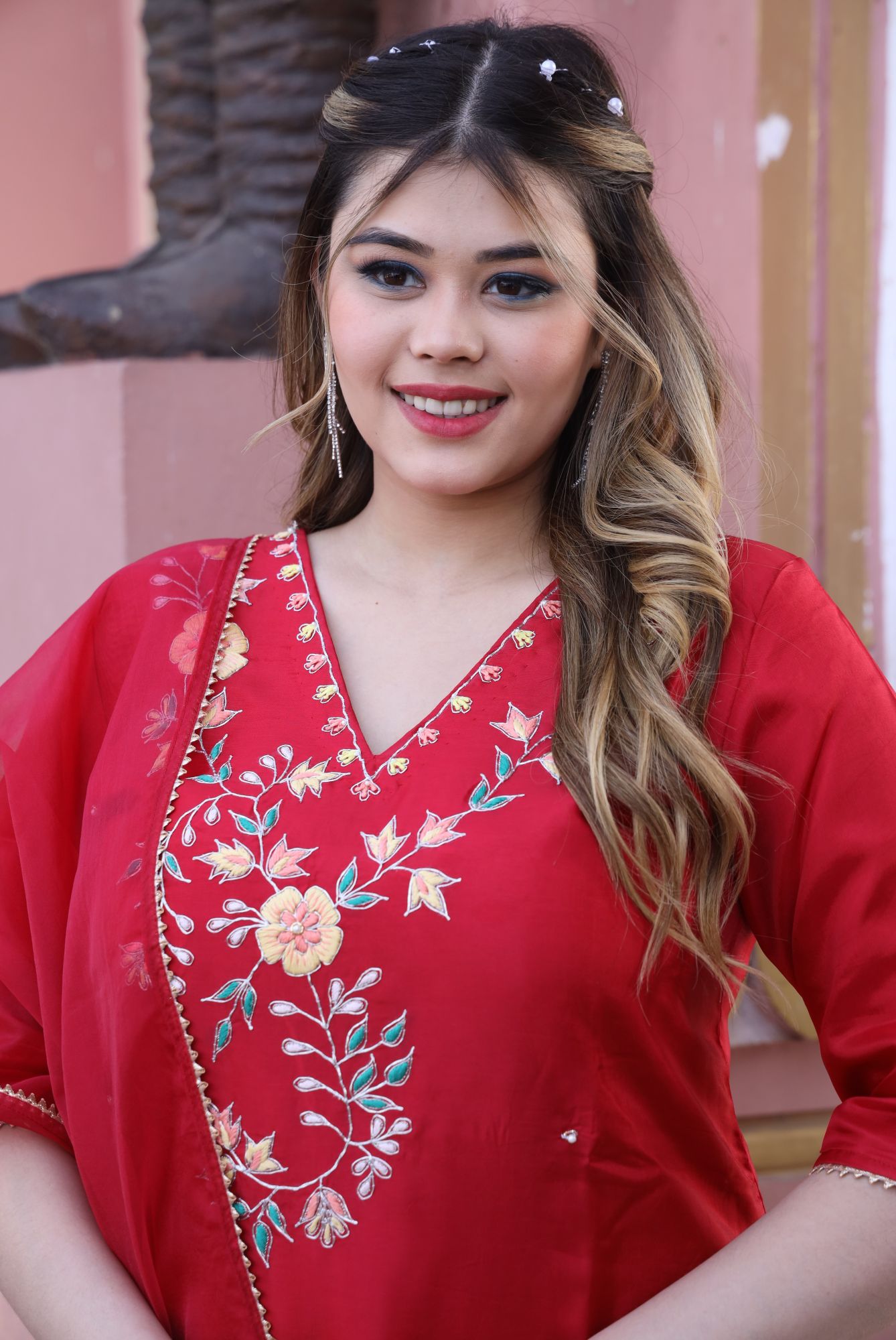 Red Floral handwork kurta set