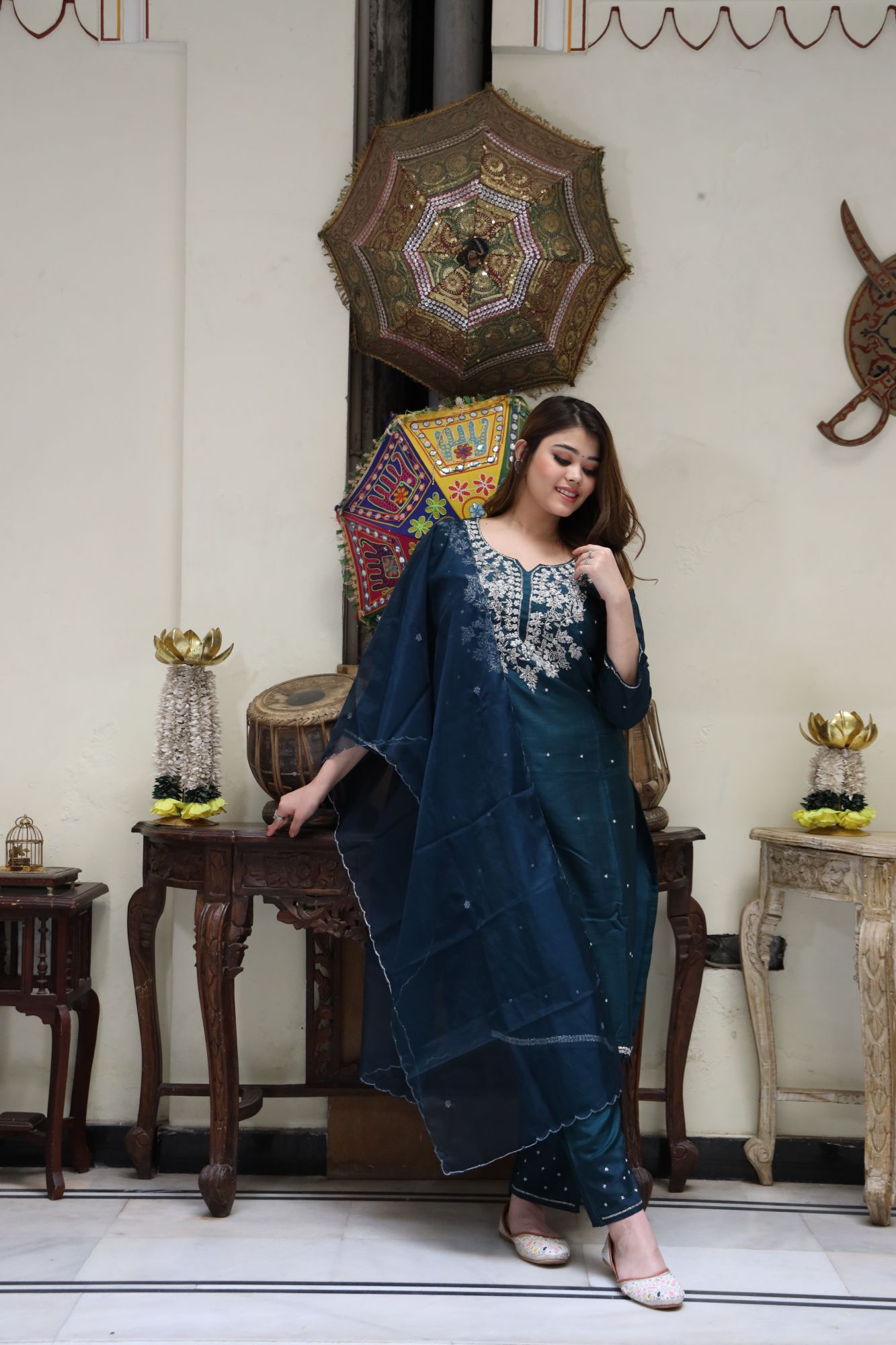 Teal Green handwork kurta set