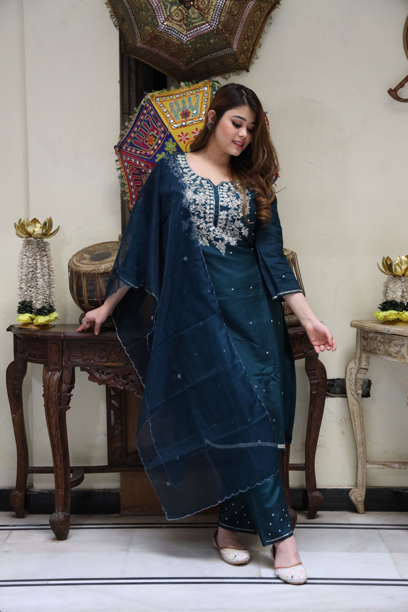 Teal Green handwork kurta set