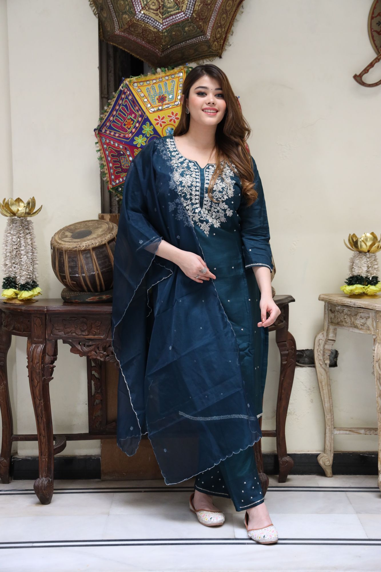 Teal Green handwork kurta set