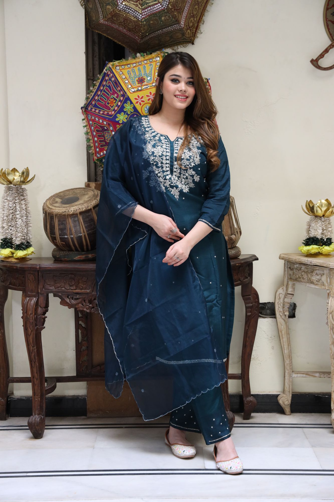 Teal Green handwork kurta set