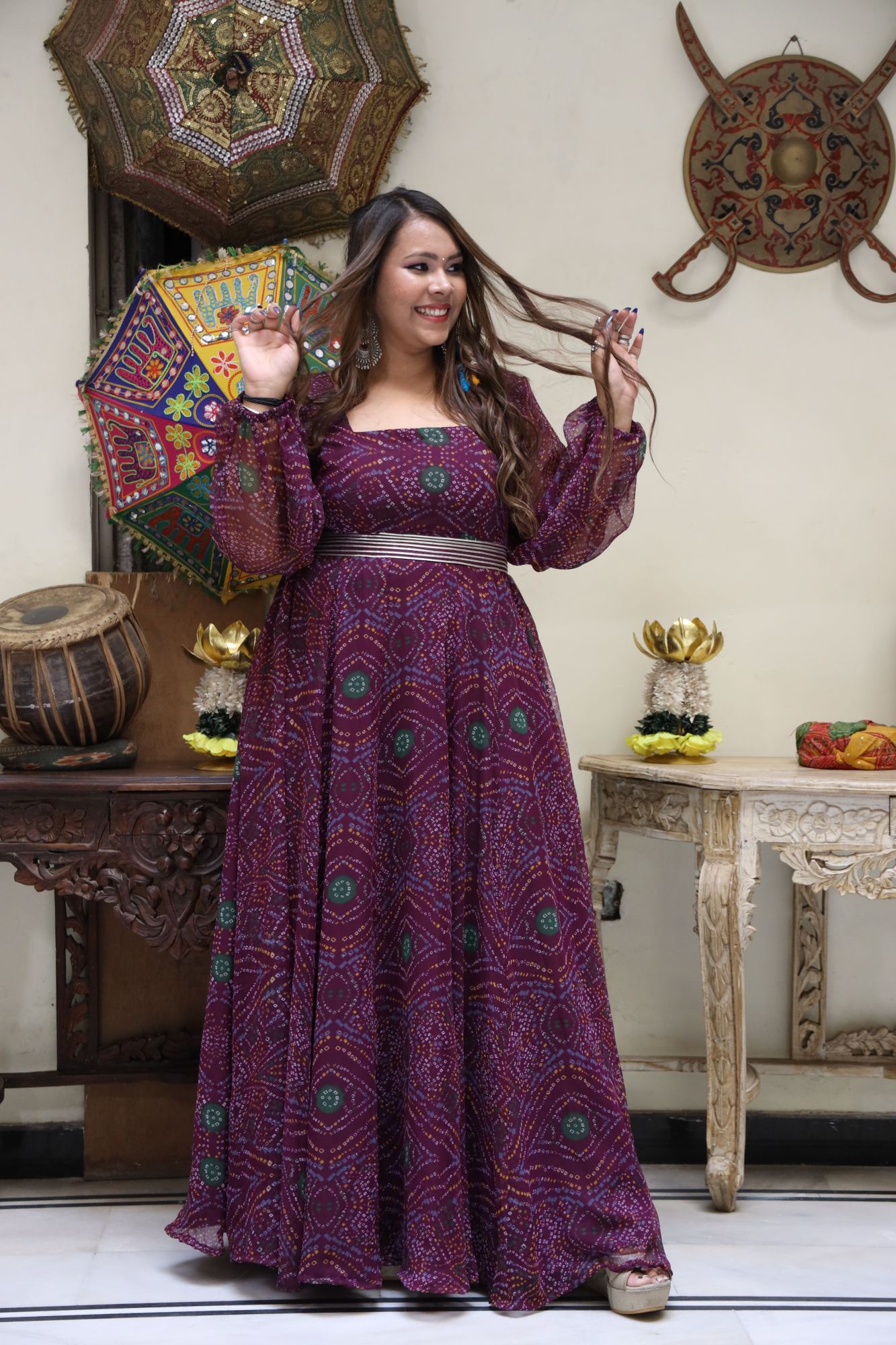 Wine bandhani Anarkali Gown