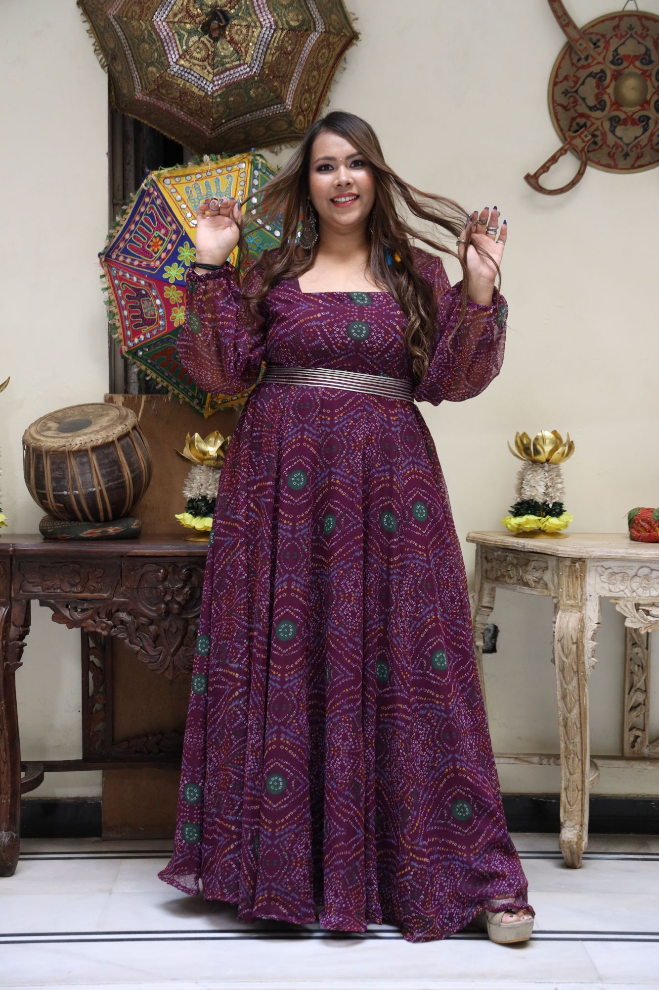 Wine bandhani Anarkali Gown