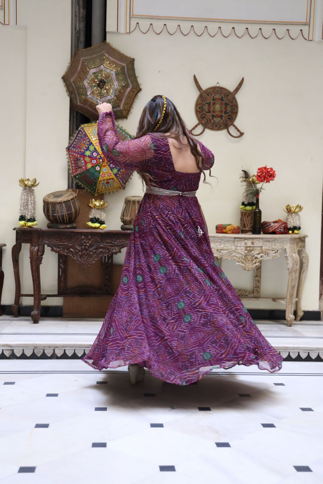 Wine bandhani Anarkali Gown