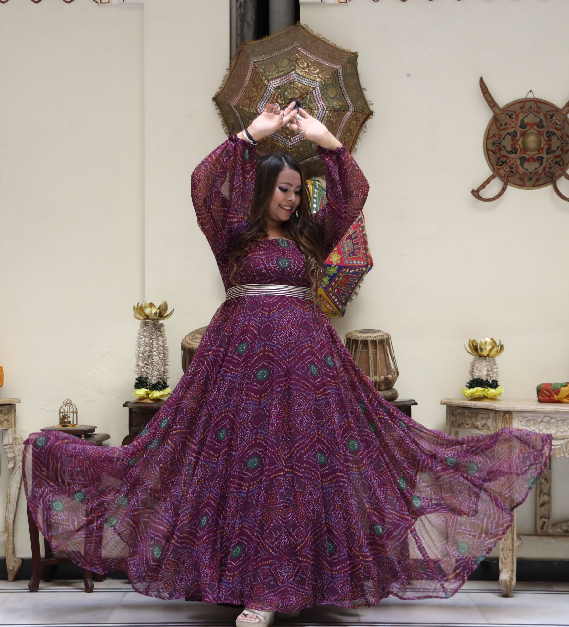 Wine bandhani Anarkali Gown