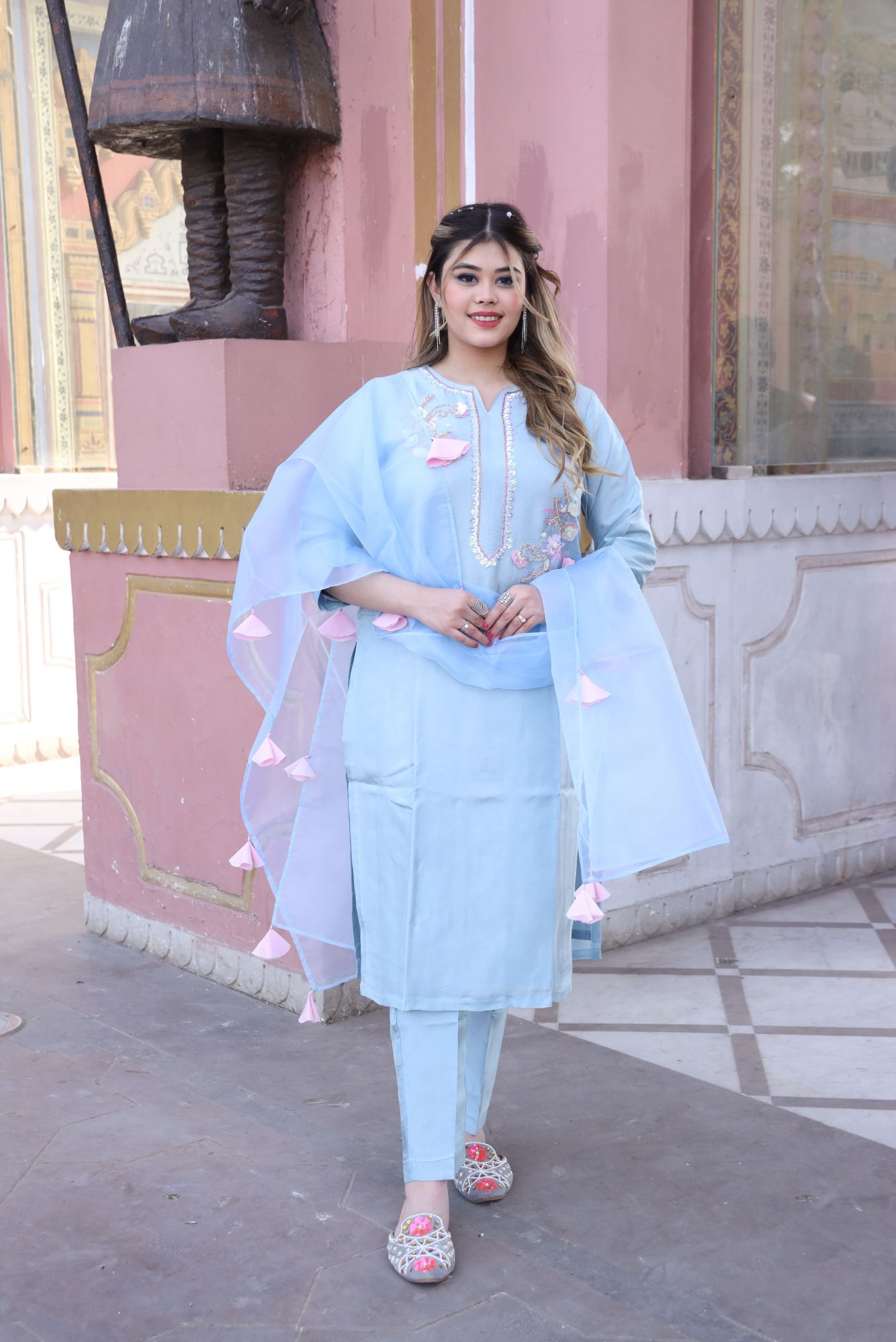 Sky And Pink handwork kurta set