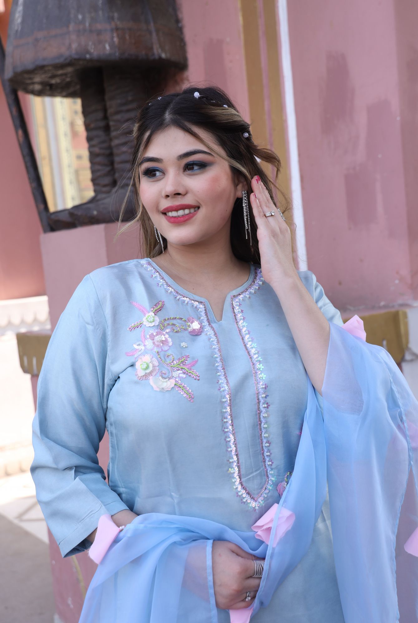 Sky And Pink handwork kurta set