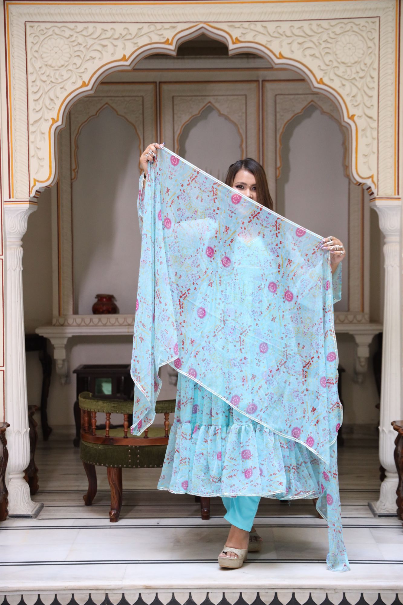 Blue and Pink floral anarkali