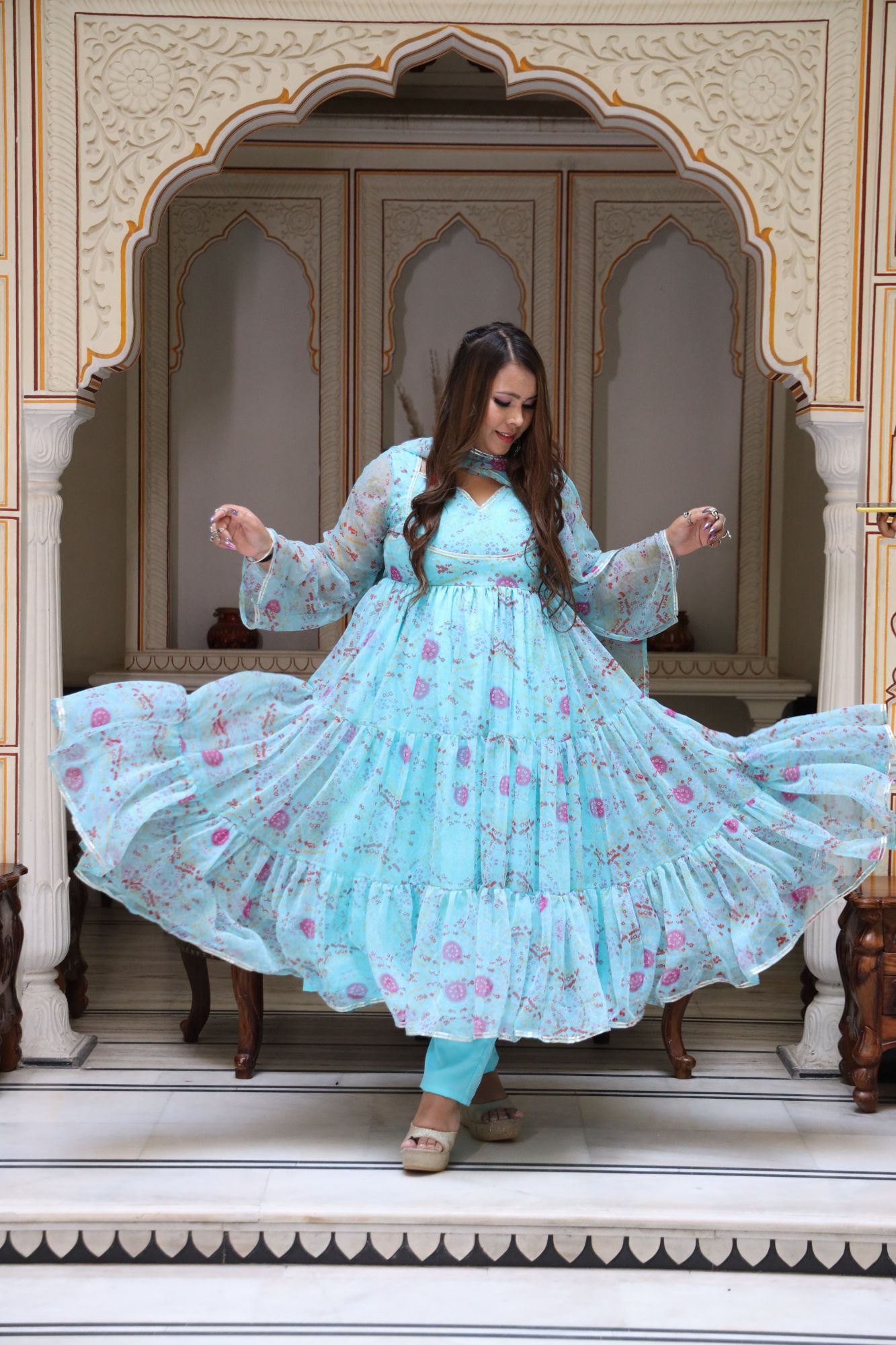 Blue and Pink floral anarkali