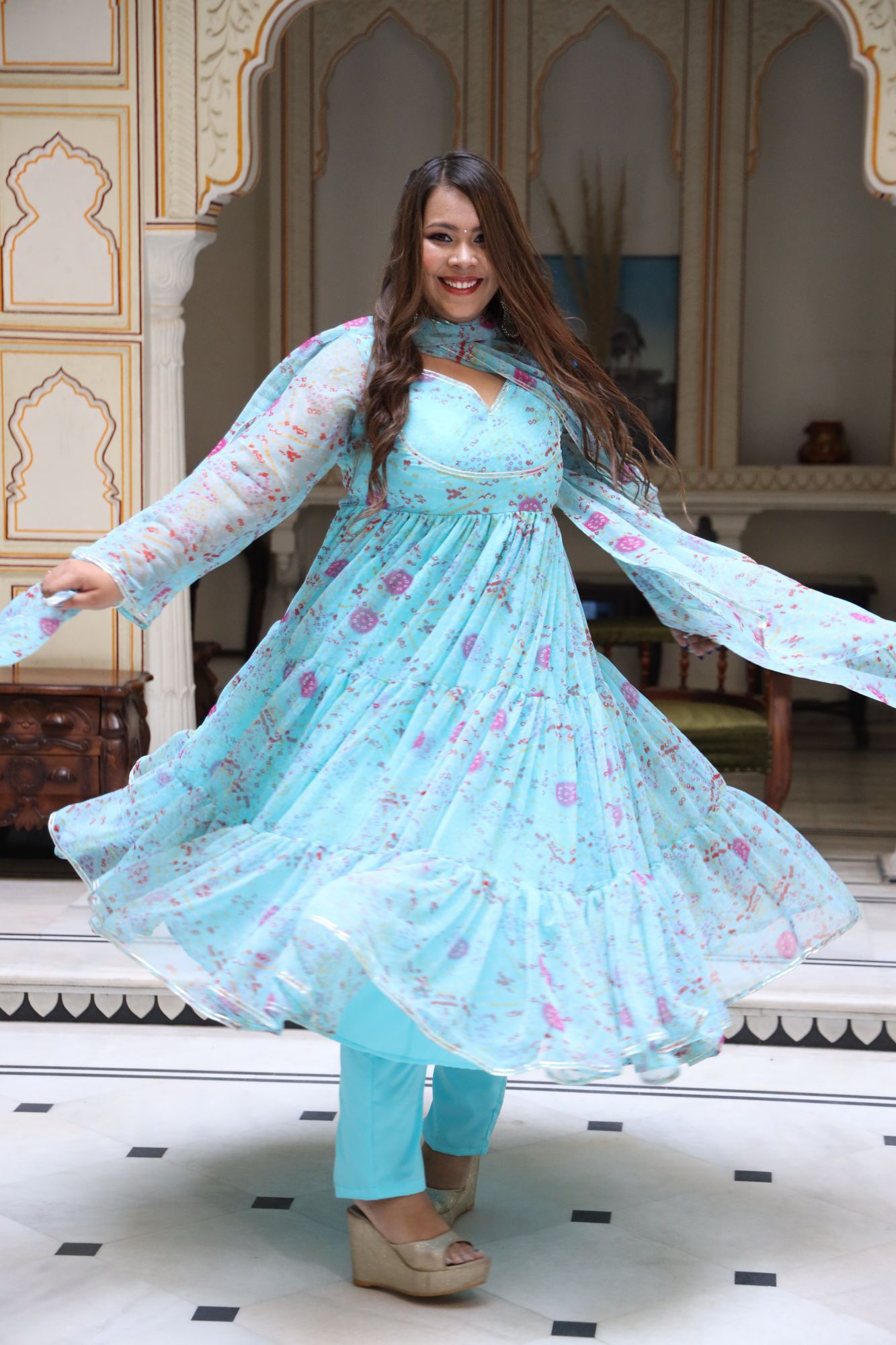Blue and Pink floral anarkali