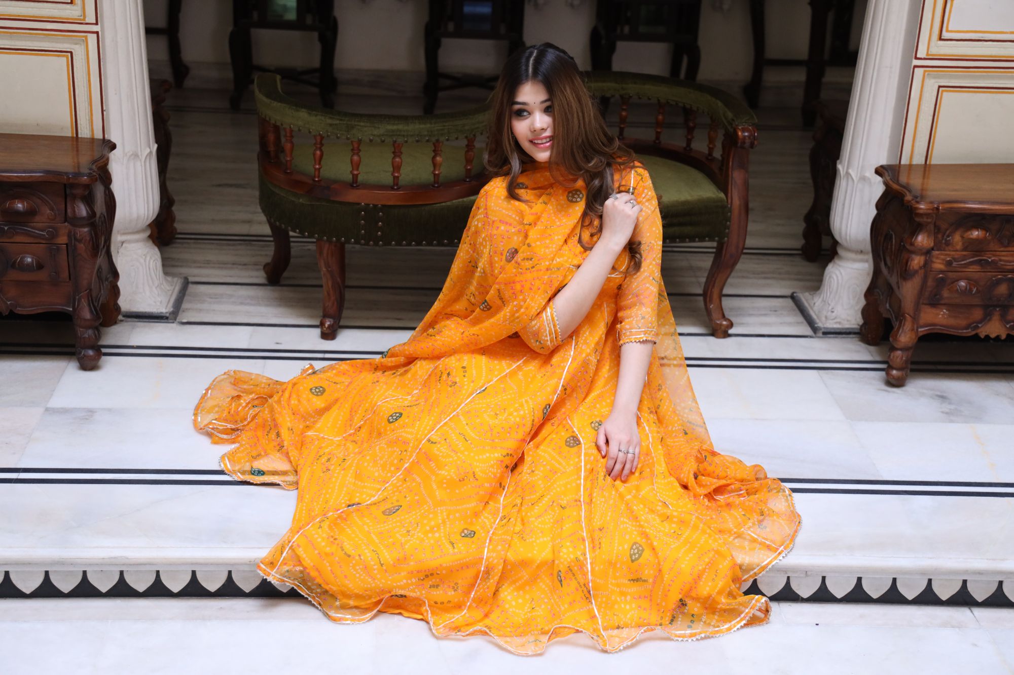 Manngo Yellow Bandhani Anarkali Set