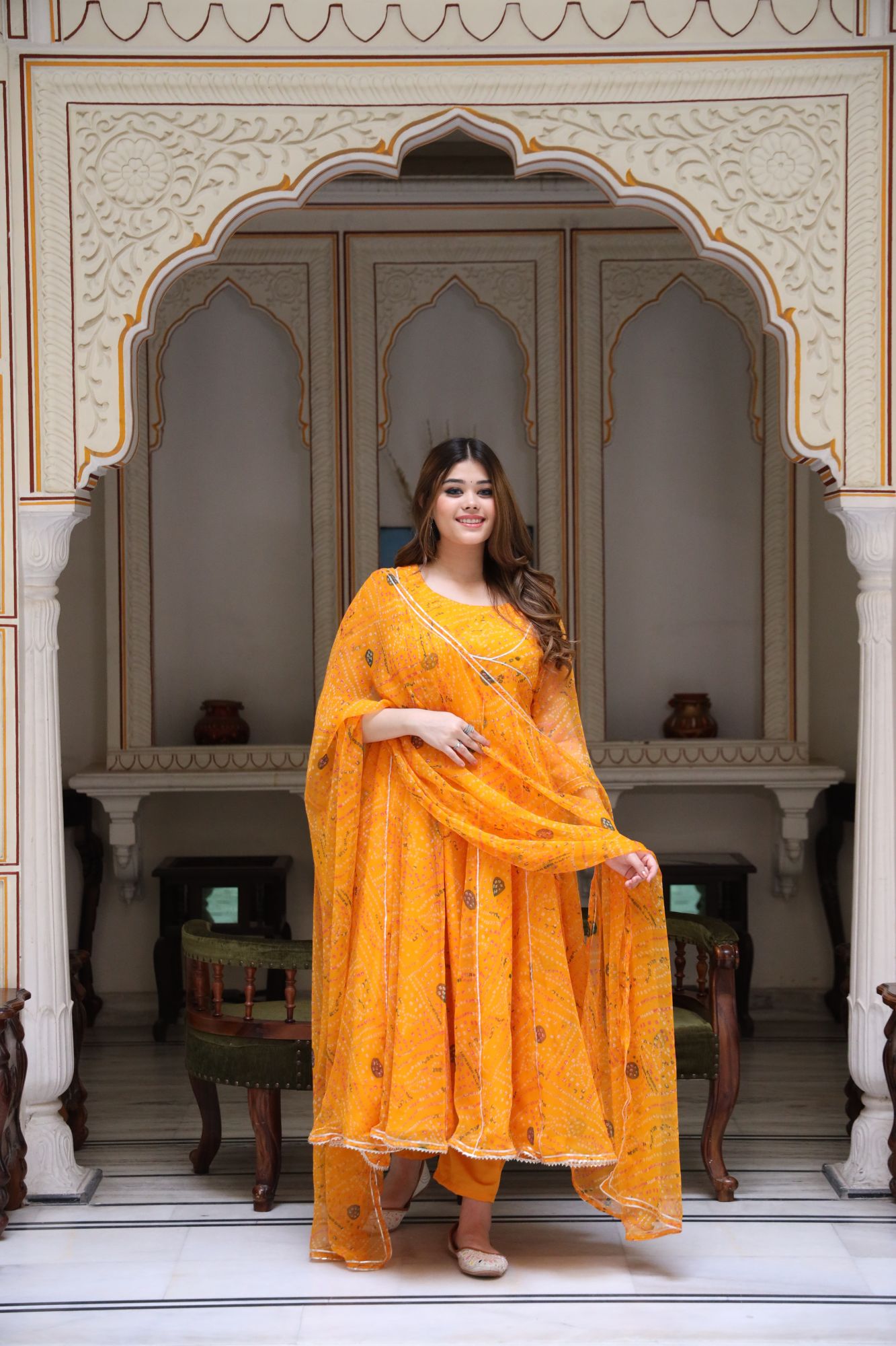 Manngo Yellow Bandhani Anarkali Set