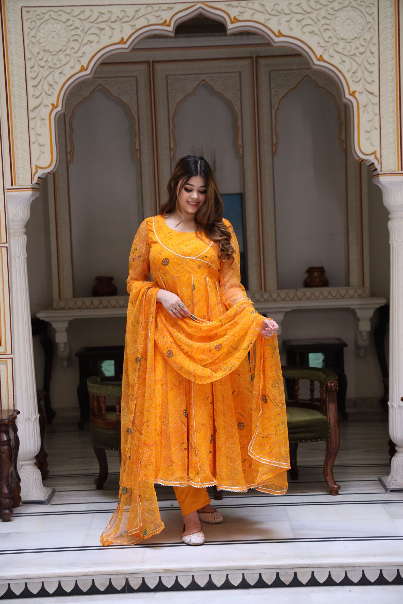 Manngo Yellow Bandhani Anarkali Set
