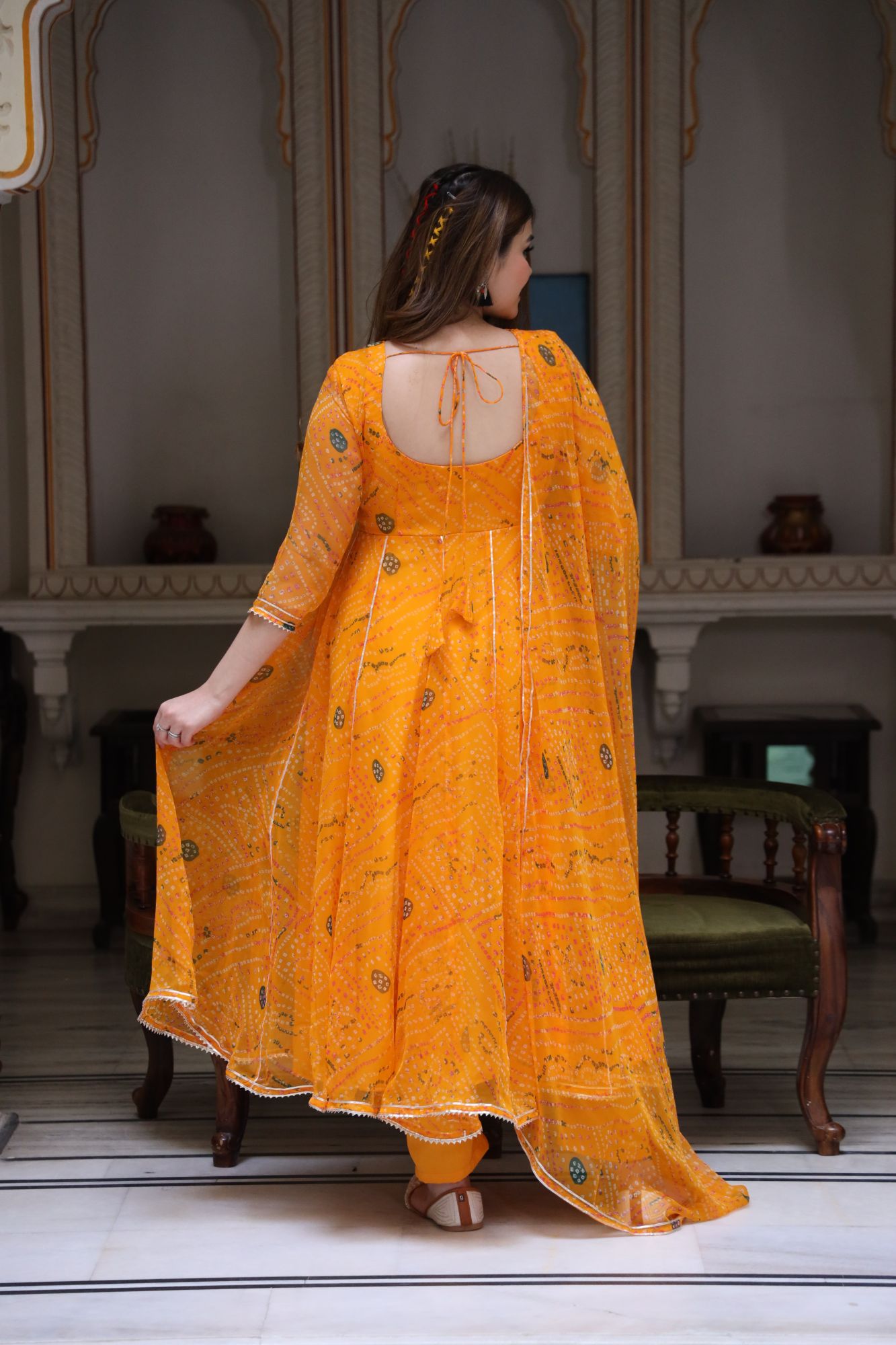 Manngo Yellow Bandhani Anarkali Set