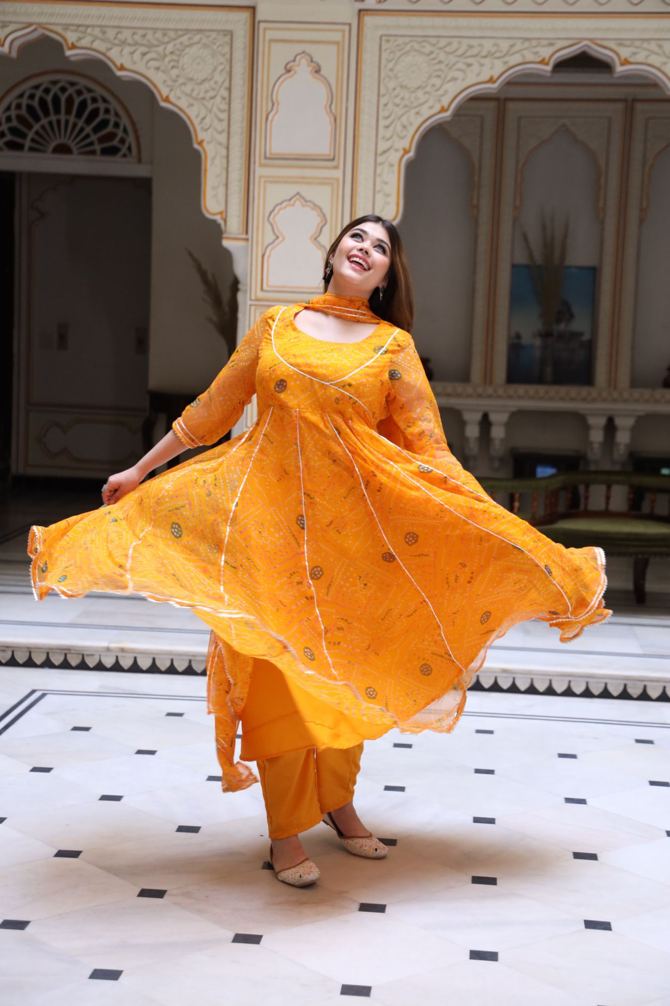 Manngo Yellow Bandhani Anarkali Set