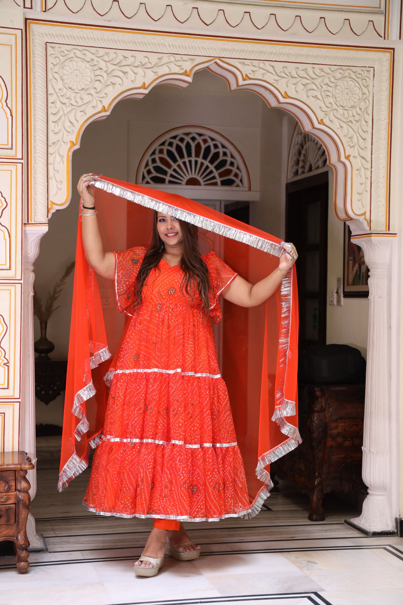 Orange bandhani anarkali