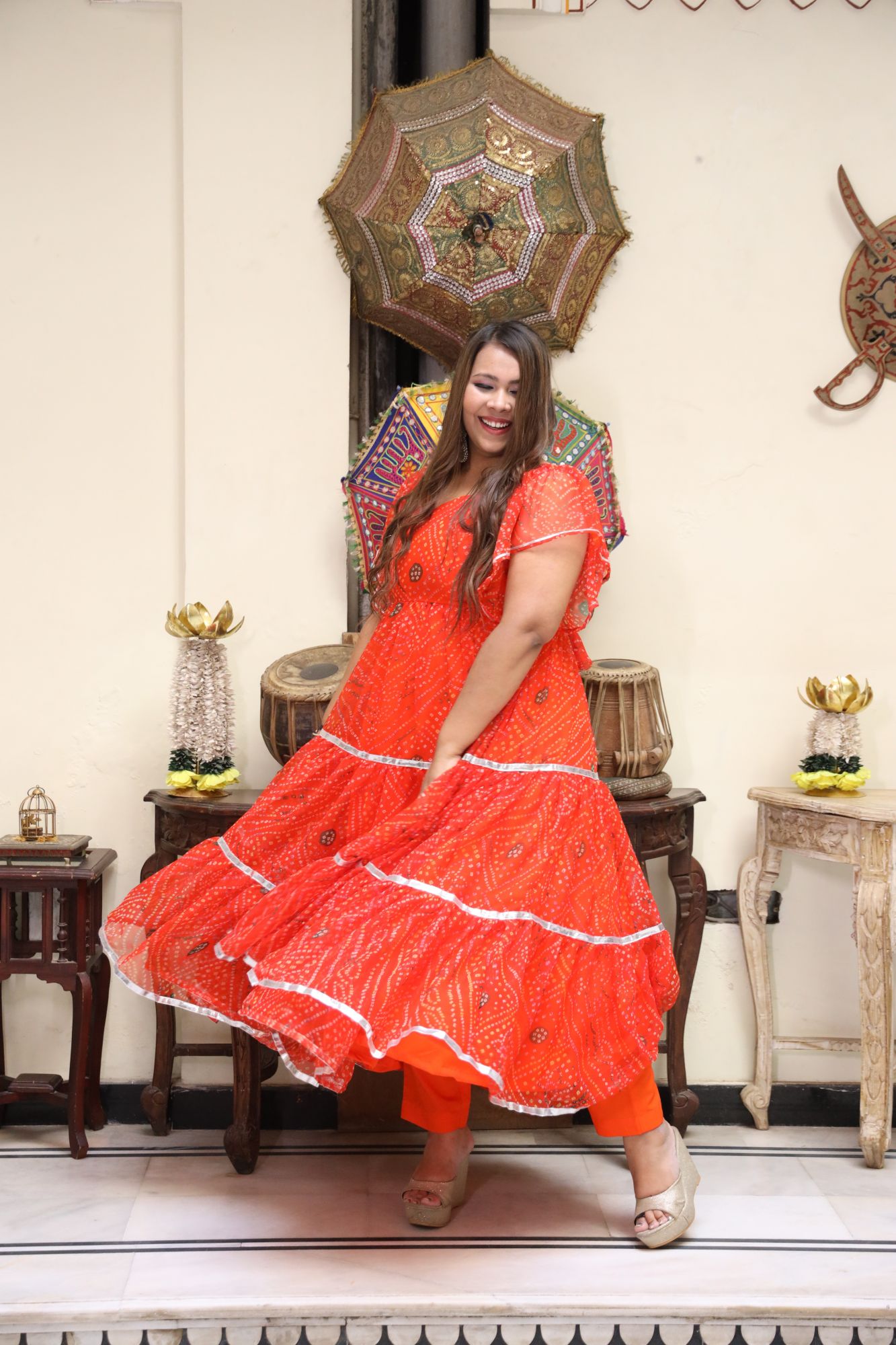 Orange bandhani anarkali