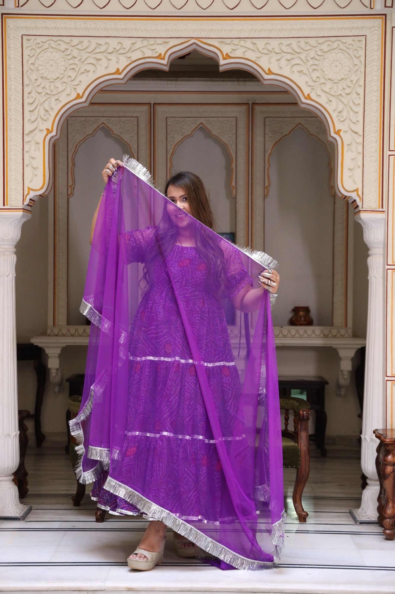 Dark Purple bandhani anarkali
