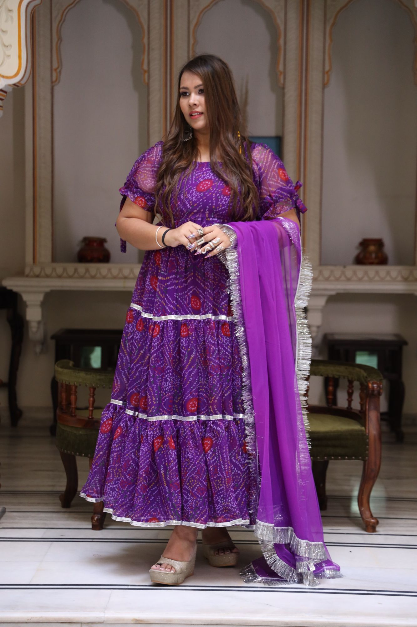 Dark Purple bandhani anarkali