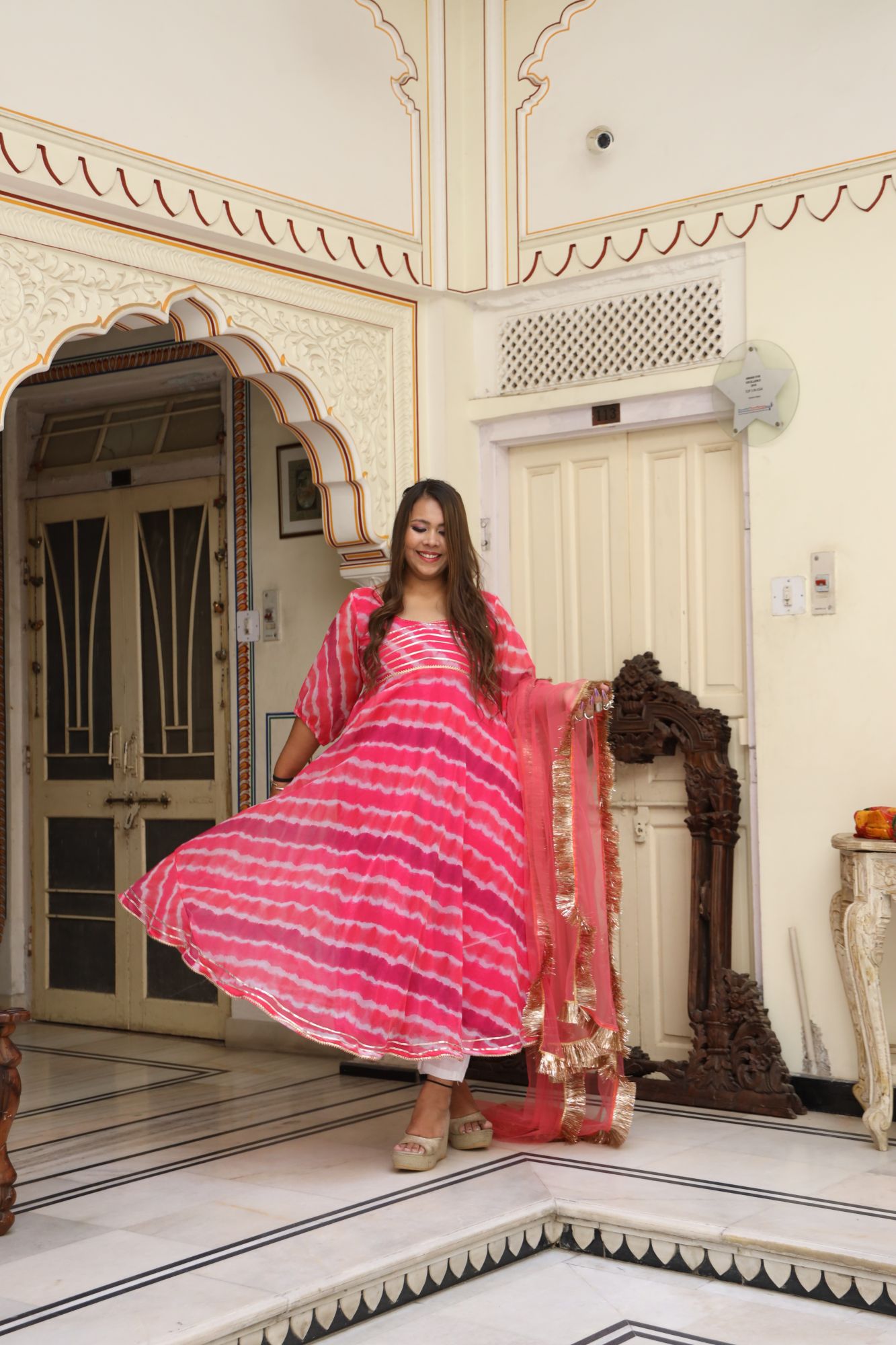 Pink leheriya Georgette Anarkali Set