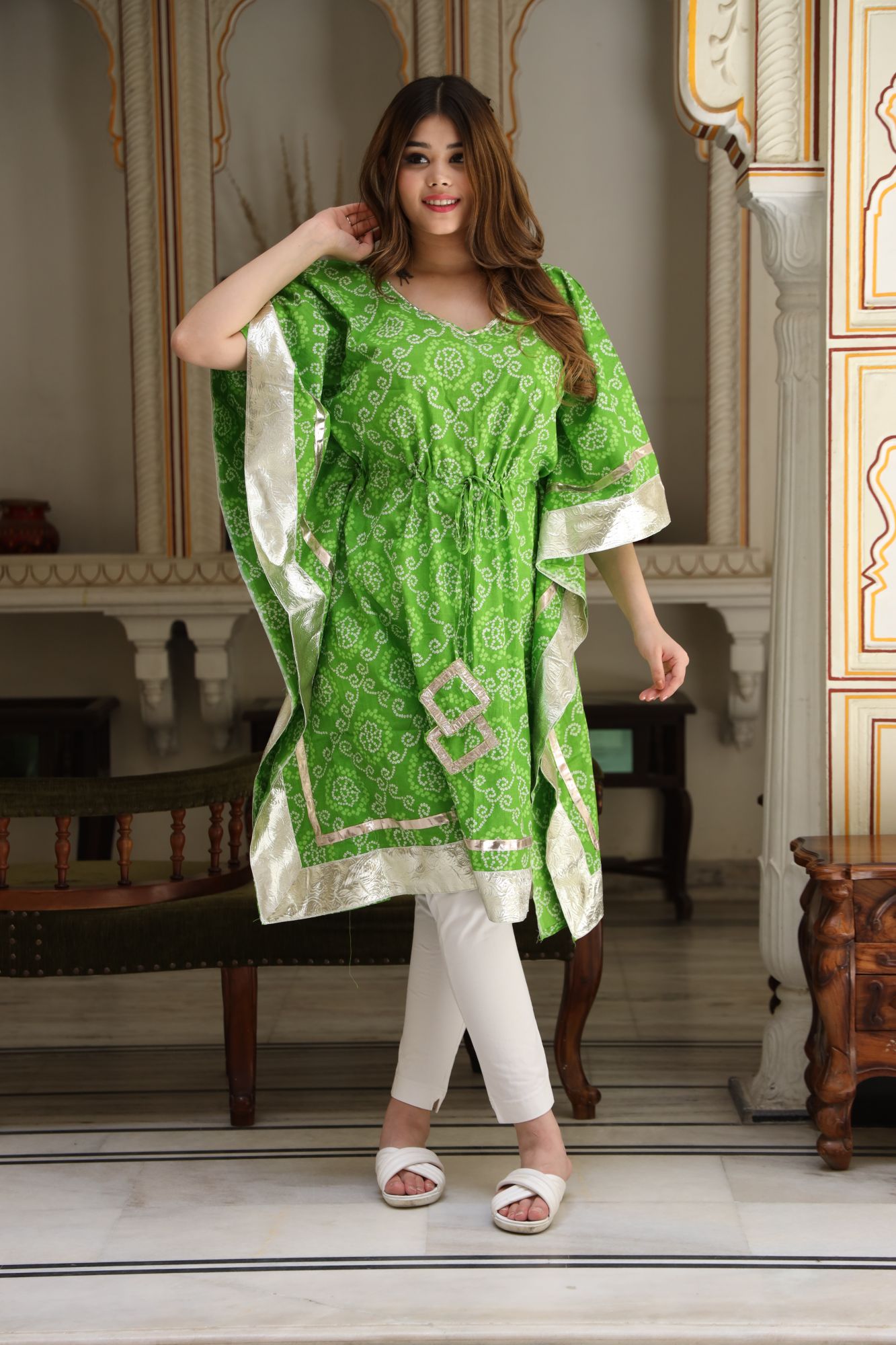 Parrot green Laced Kaftan