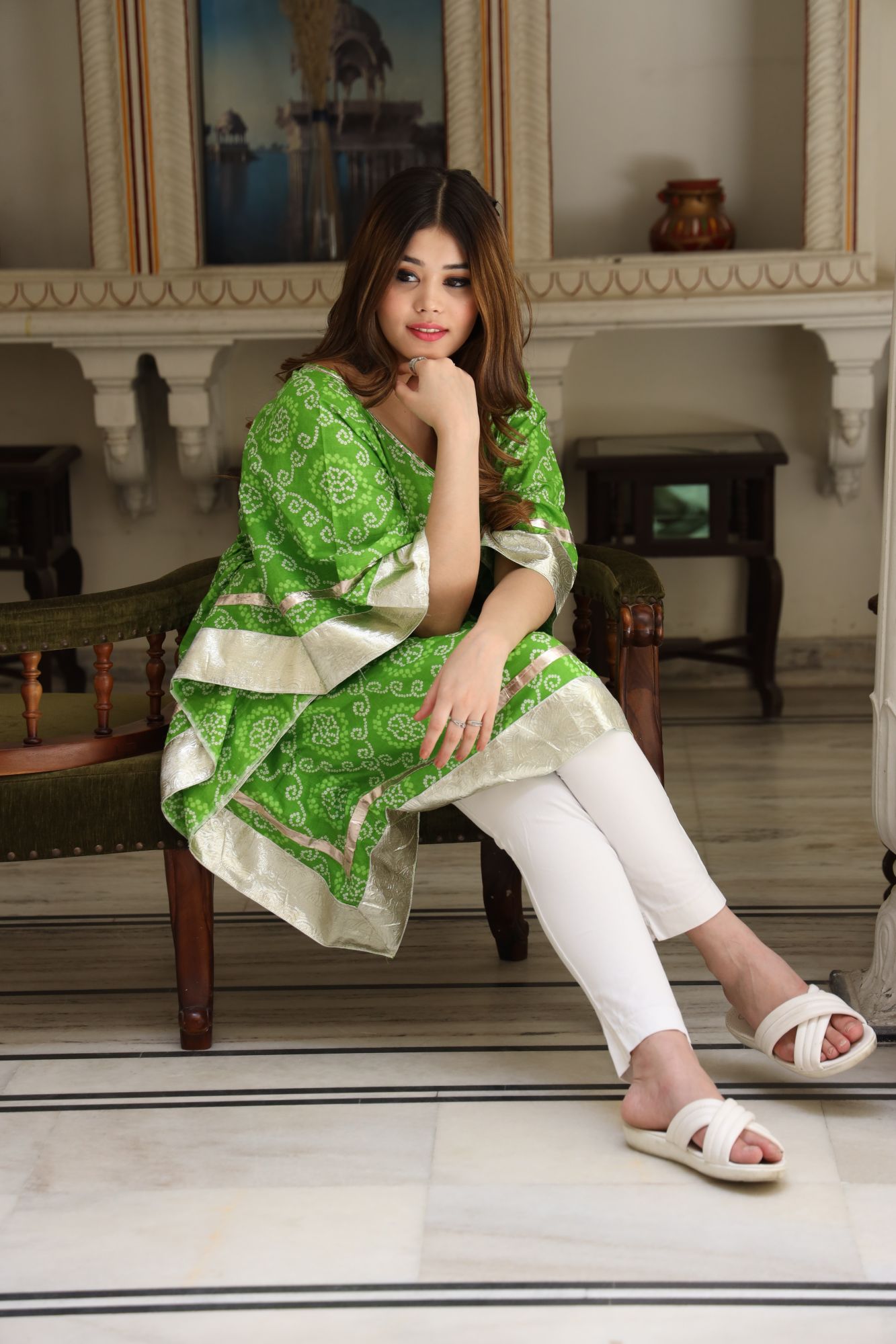 Parrot green Laced Kaftan