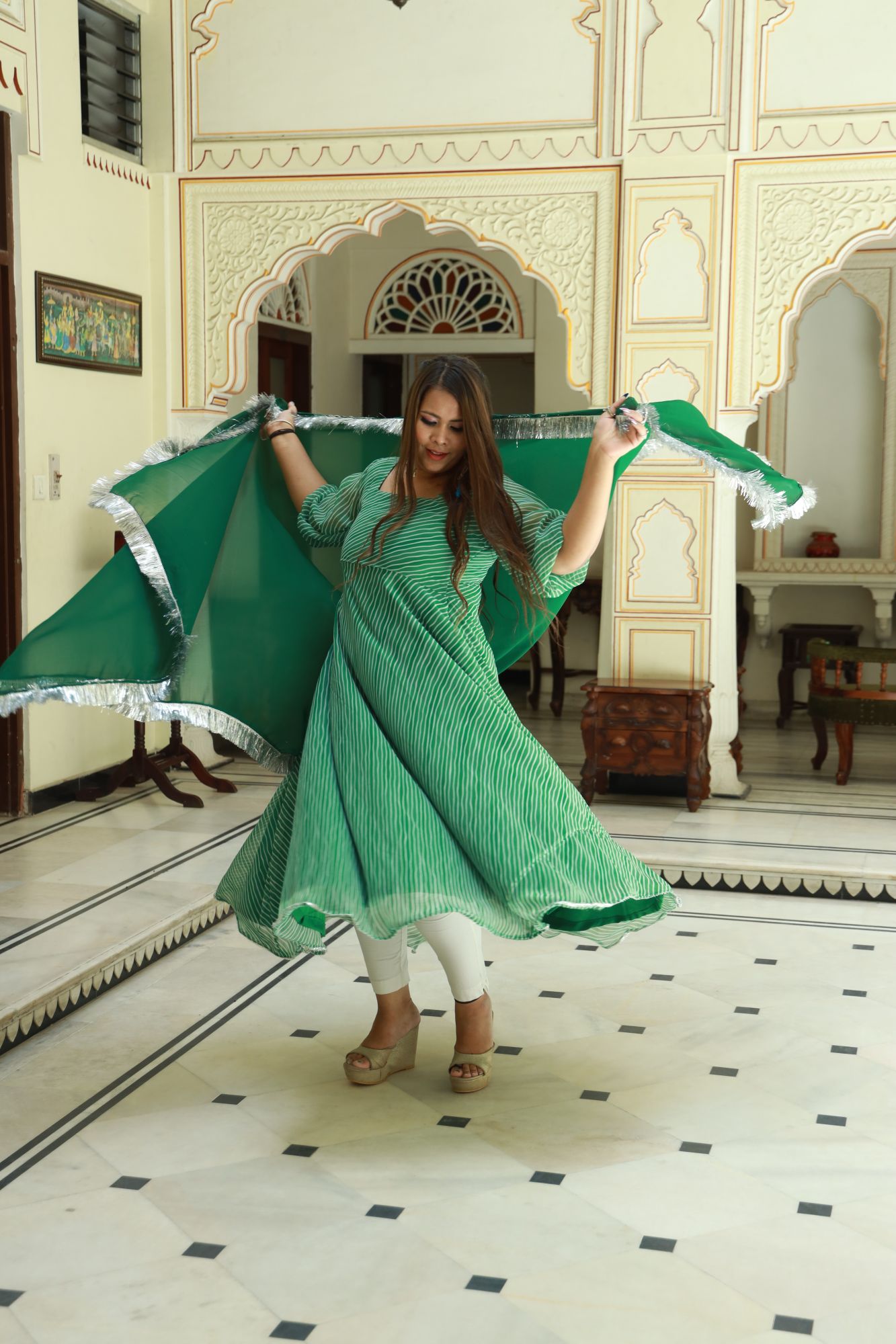 Bottle green leheriya Georgette Anarkali Set