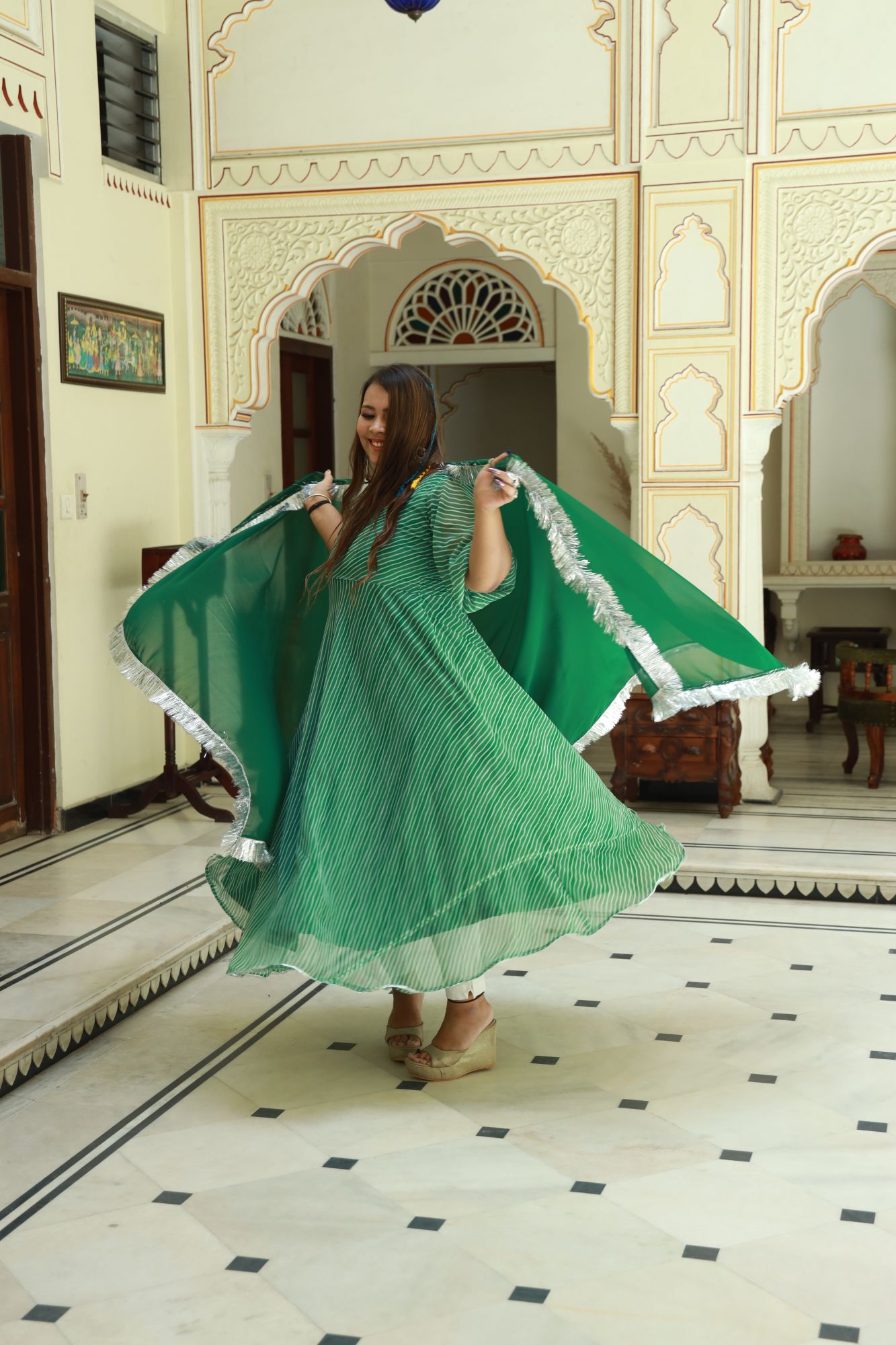Bottle green leheriya Georgette Anarkali Set