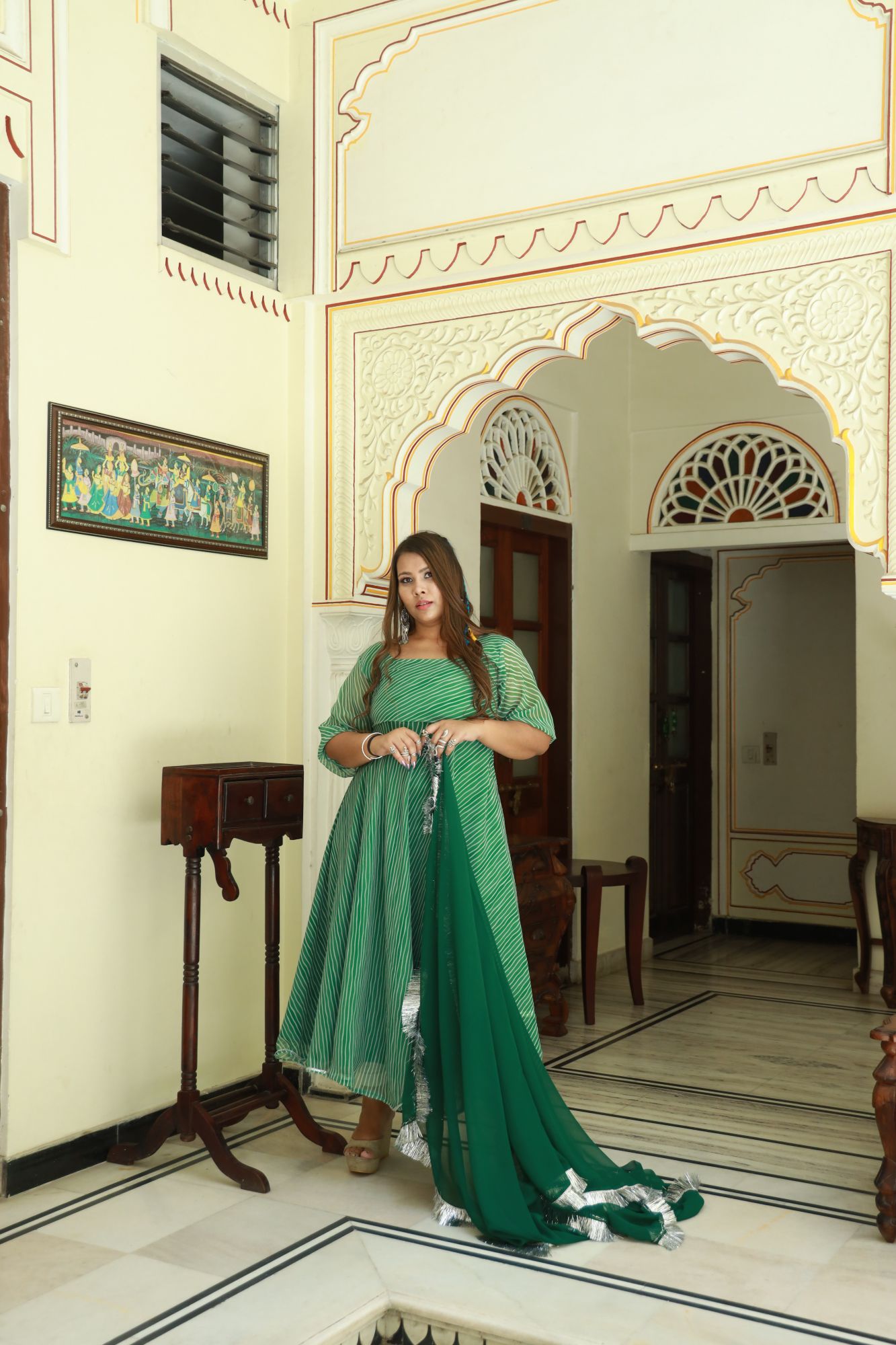 Bottle green leheriya Georgette Anarkali Set