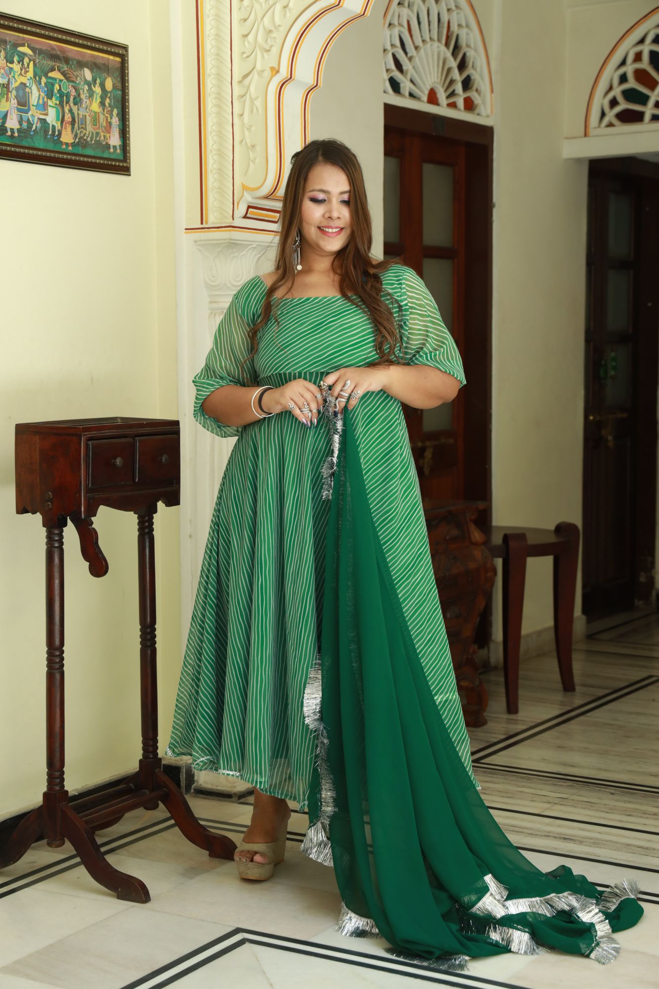 Bottle green leheriya Georgette Anarkali Set