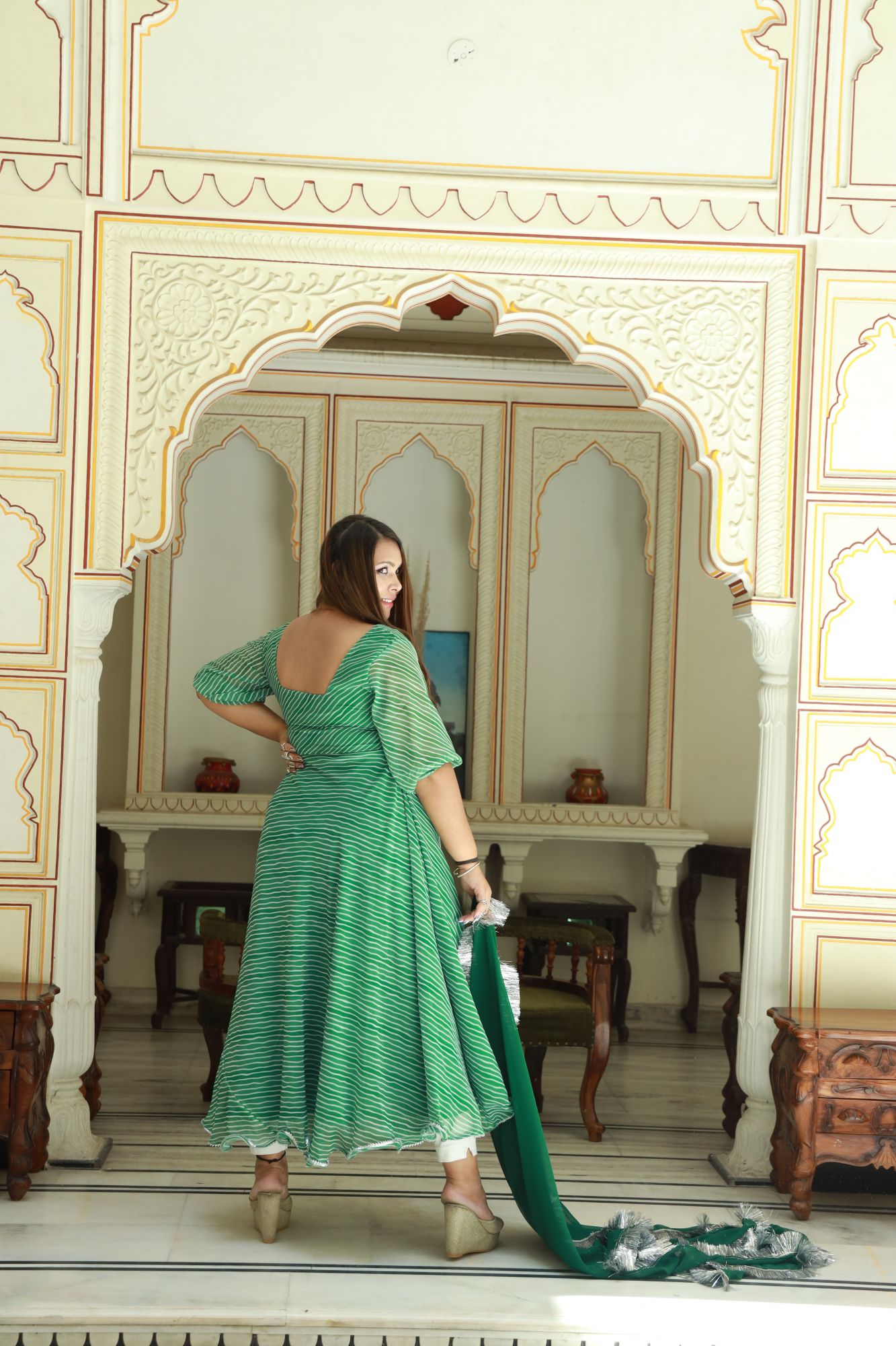 Bottle green leheriya Georgette Anarkali Set