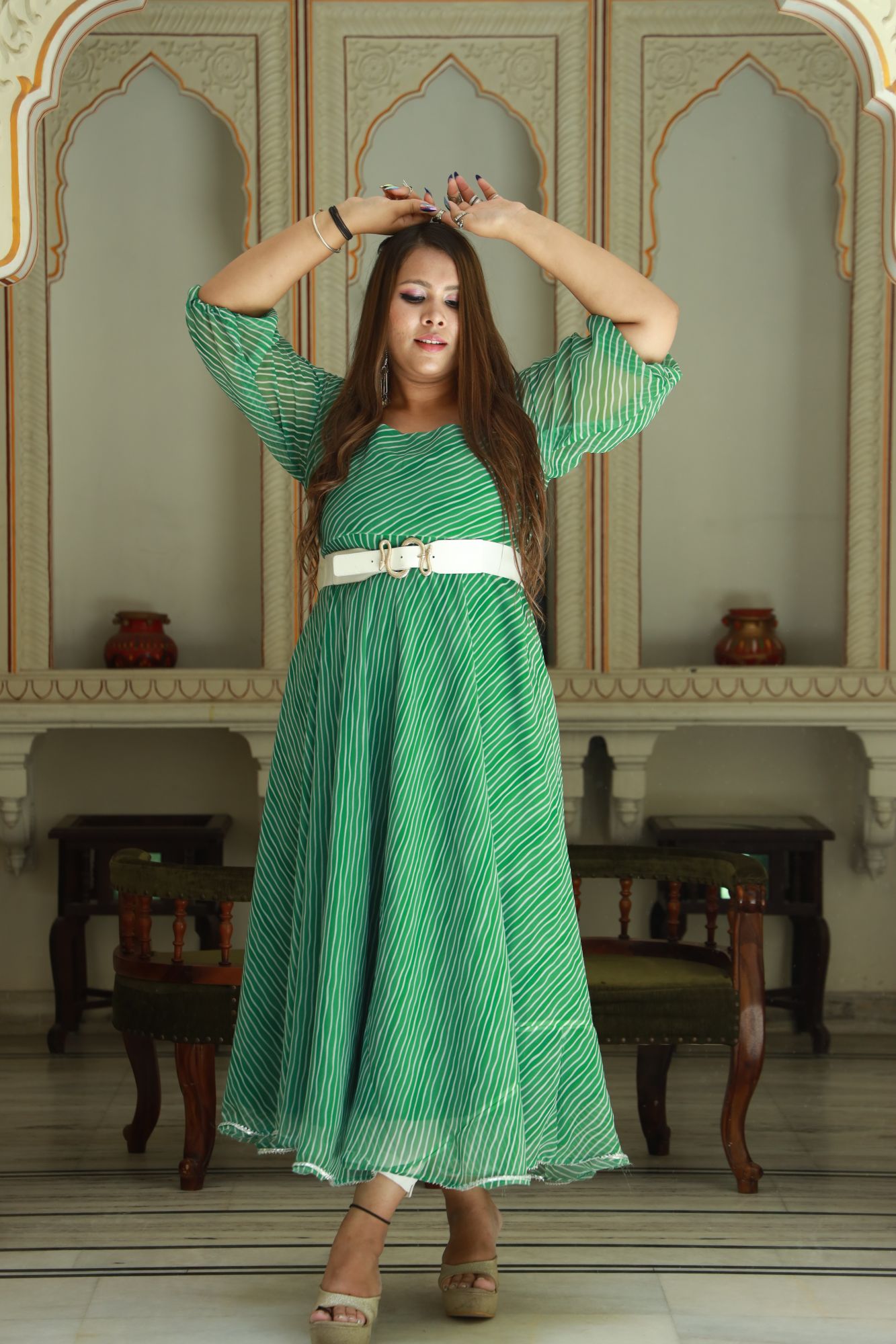 Green leheriya Anarkali Dress